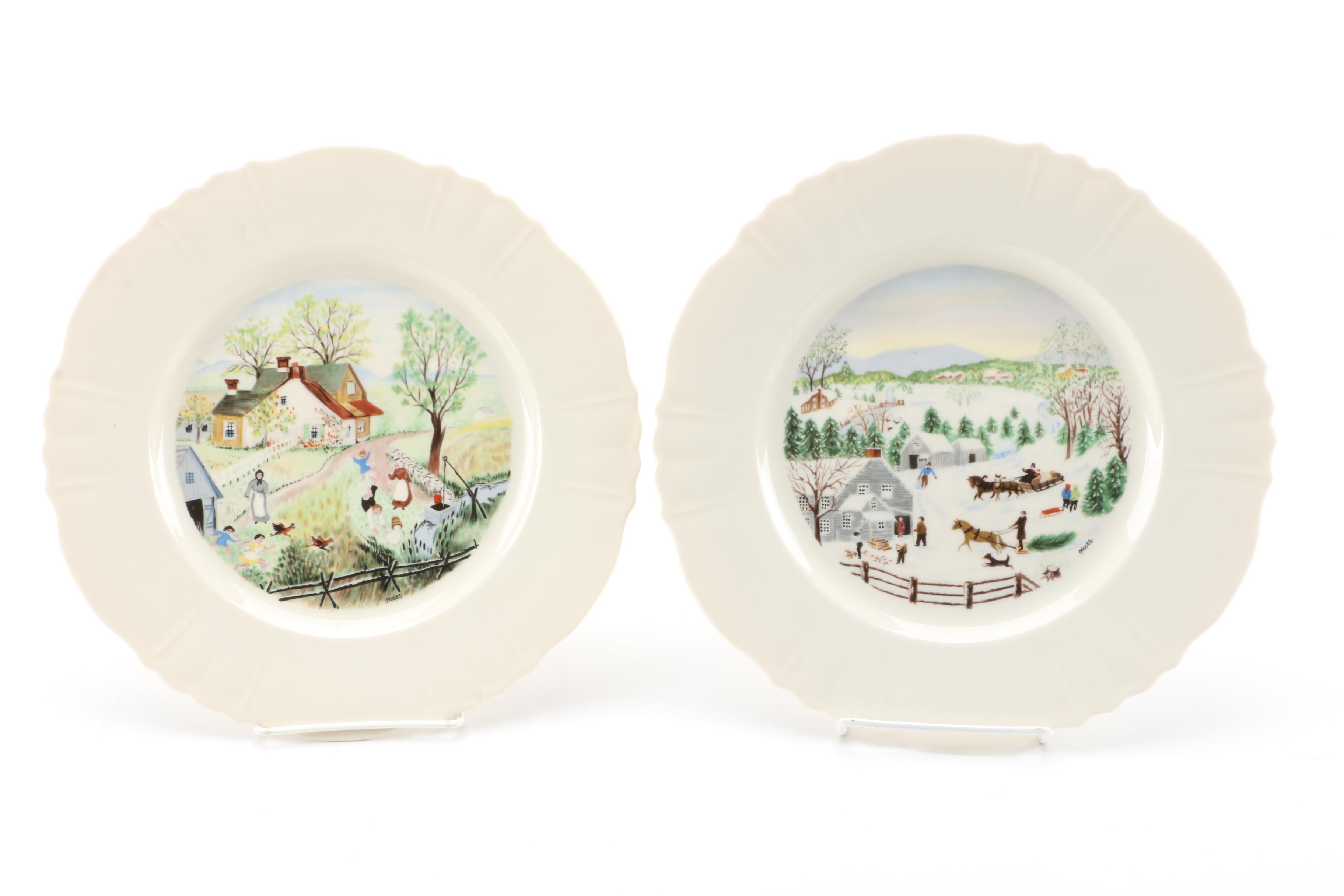 Vintage Limited Edition Collectible Grandma Moses Plates and Tablecloth