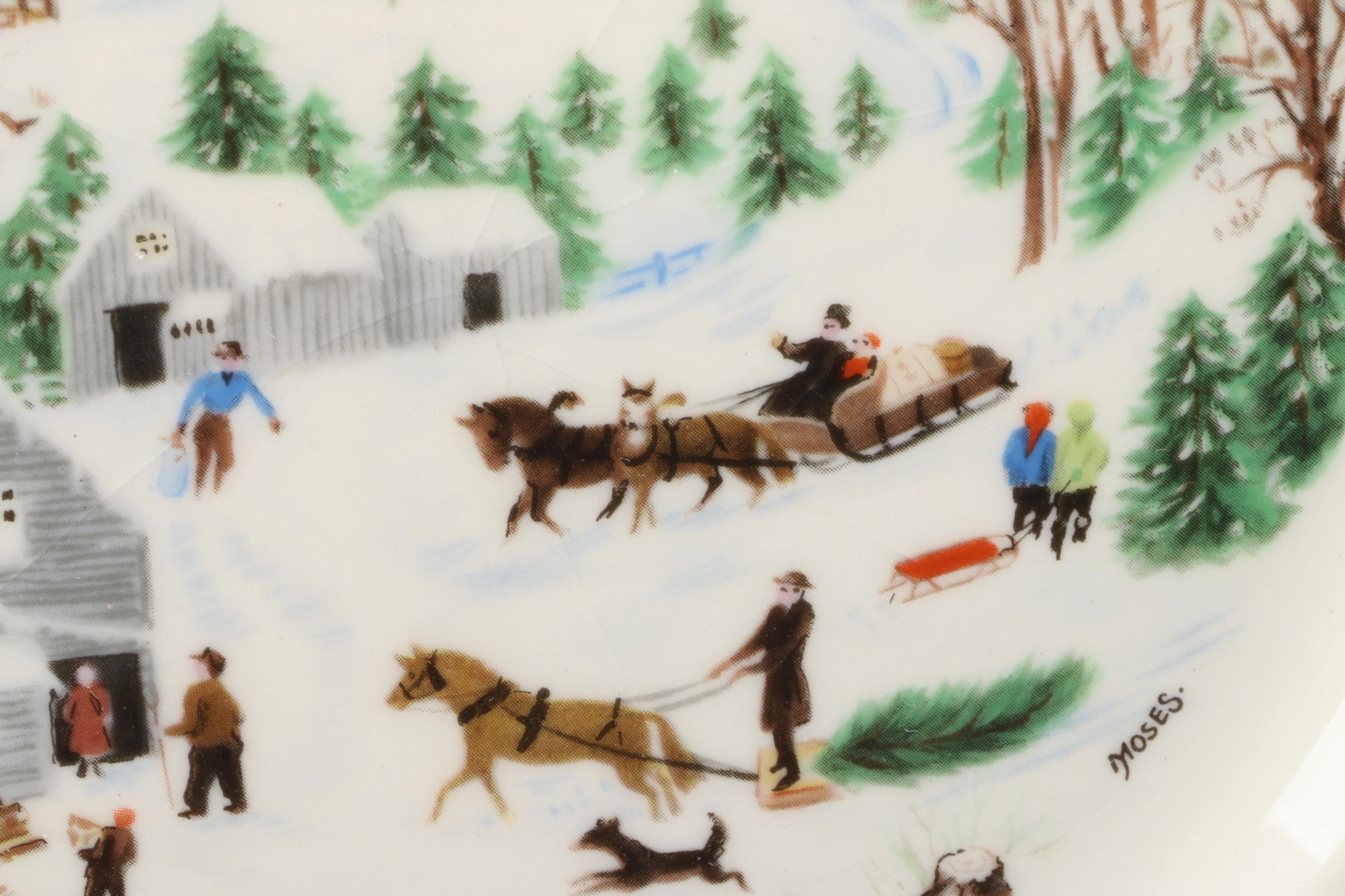 Vintage Limited Edition Collectible Grandma Moses Plates and Tablecloth