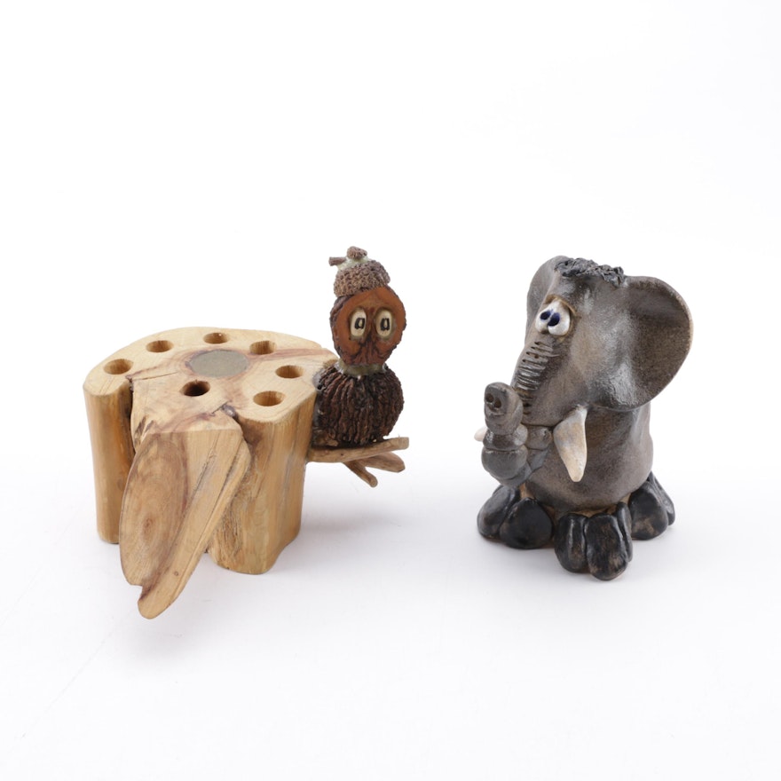 Vintage Shep Pottery Elephant and Owl Figurines