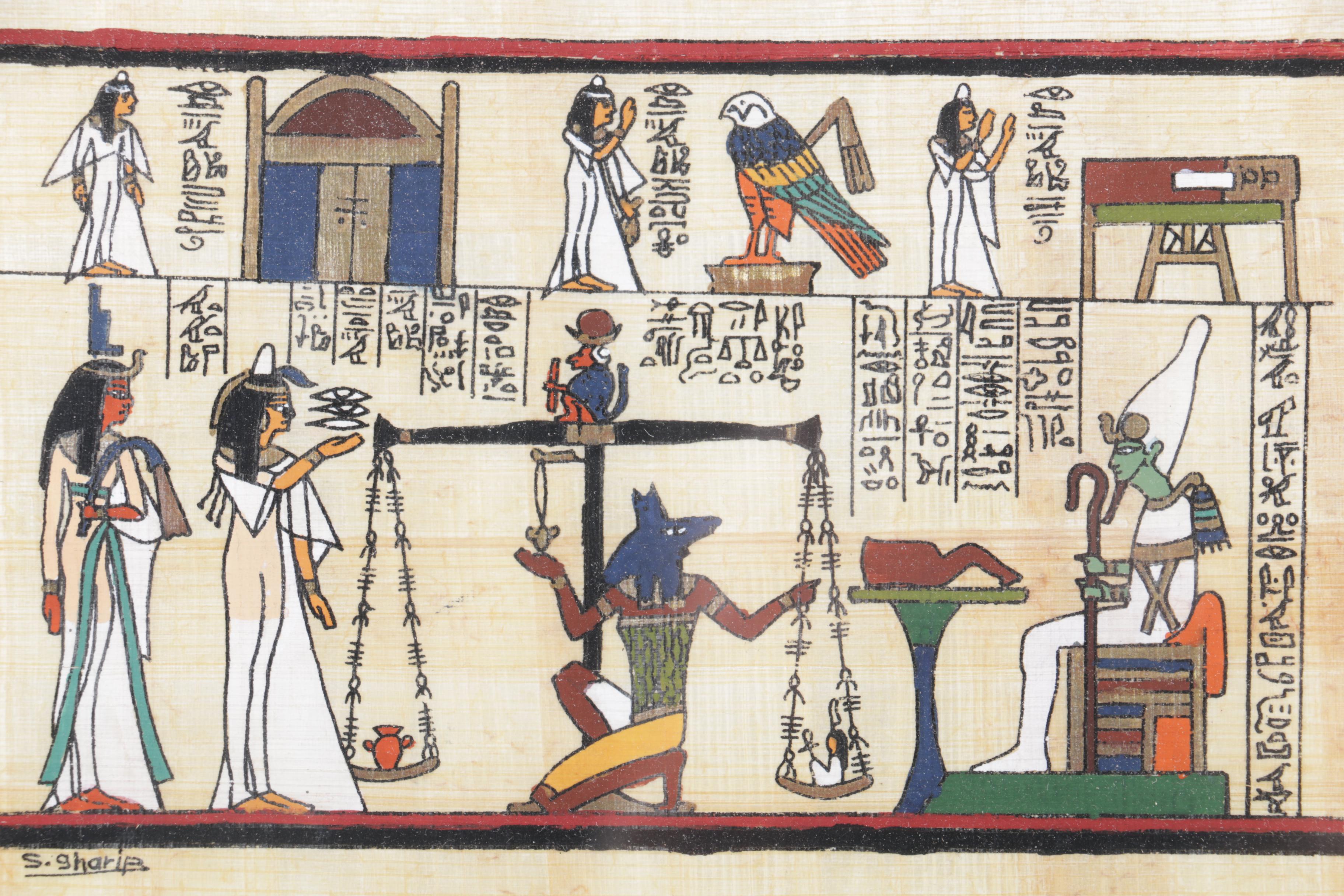 Two Contemporary Gouache Paintings on Papyrus of Ancient Egyptian Motifs
