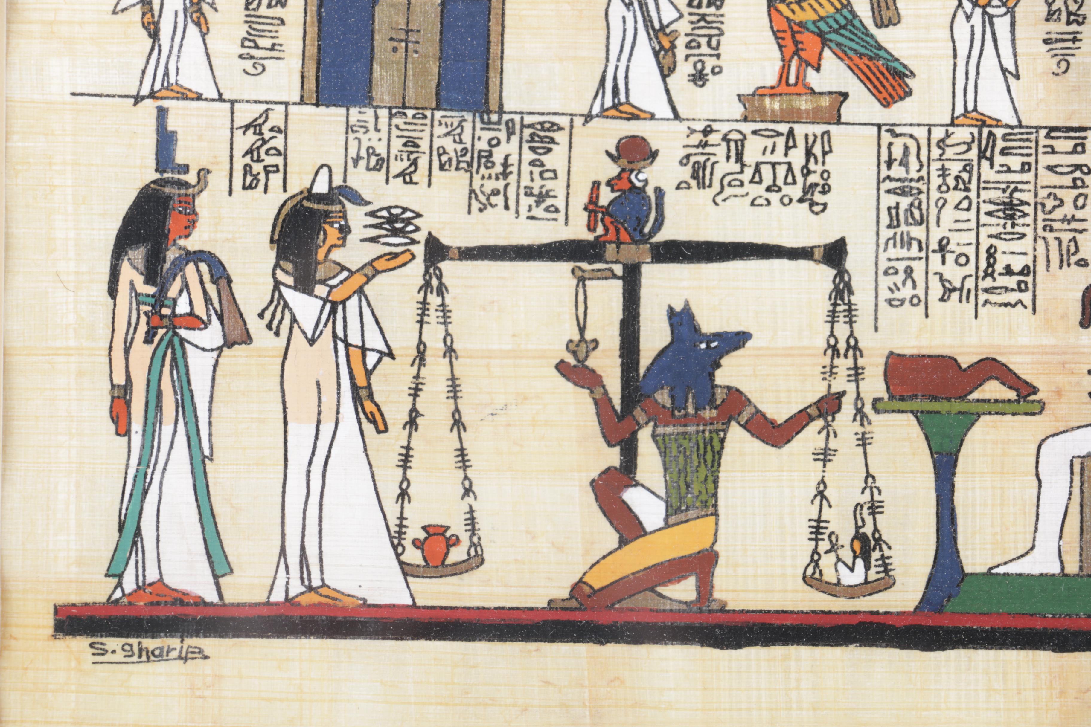 Two Contemporary Gouache Paintings on Papyrus of Ancient Egyptian Motifs