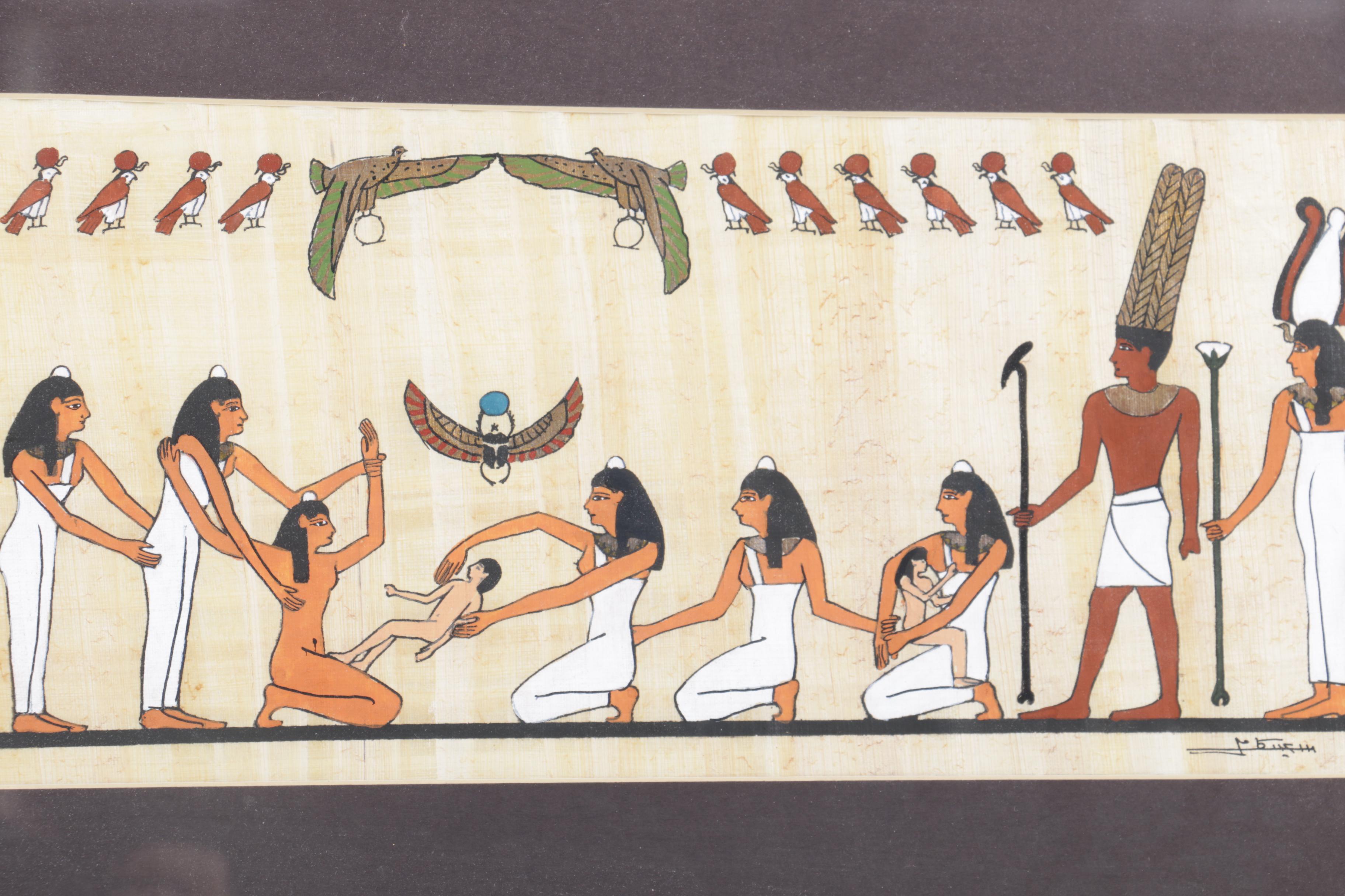 Two Contemporary Gouache Paintings on Papyrus of Ancient Egyptian Motifs