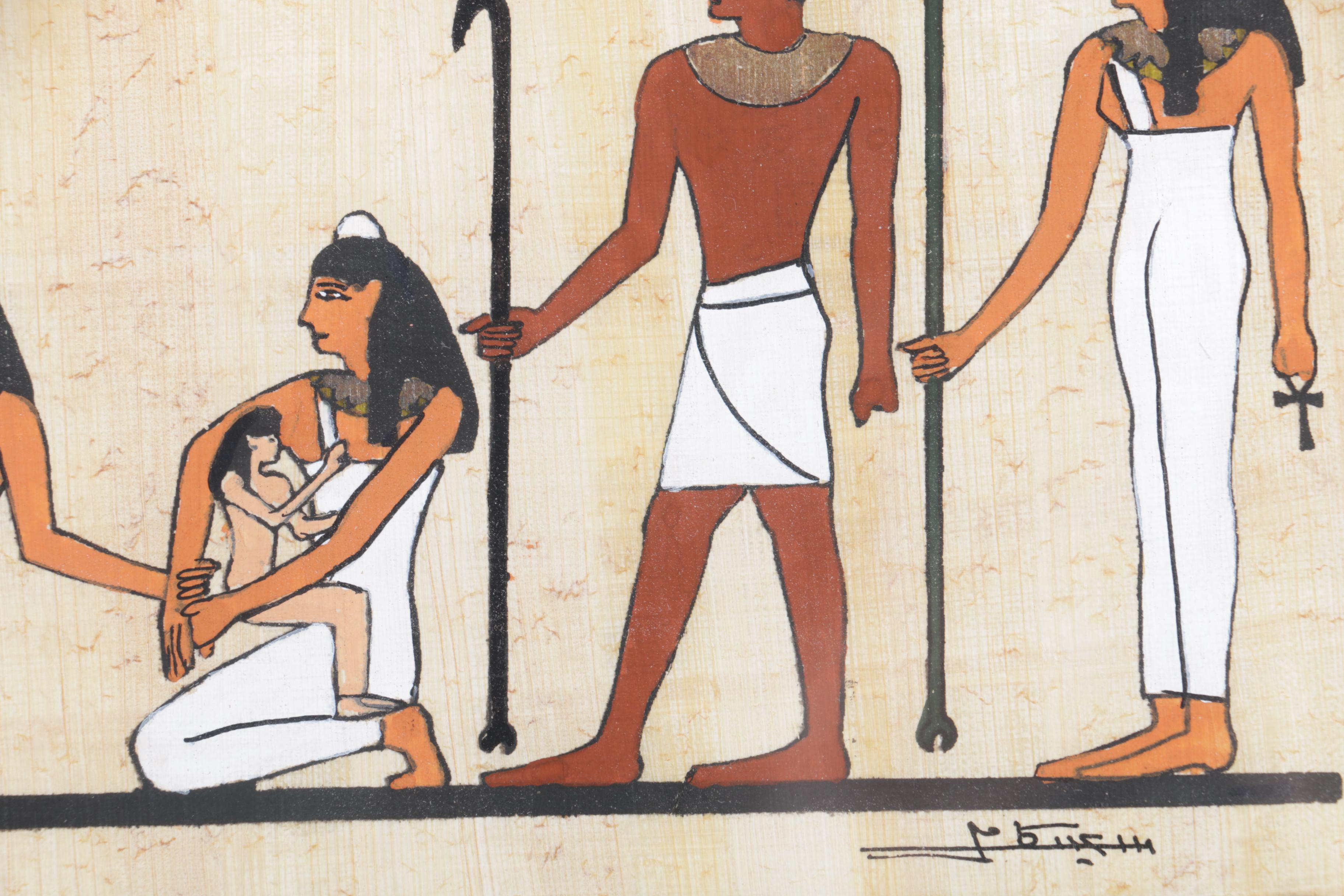 Two Contemporary Gouache Paintings on Papyrus of Ancient Egyptian Motifs