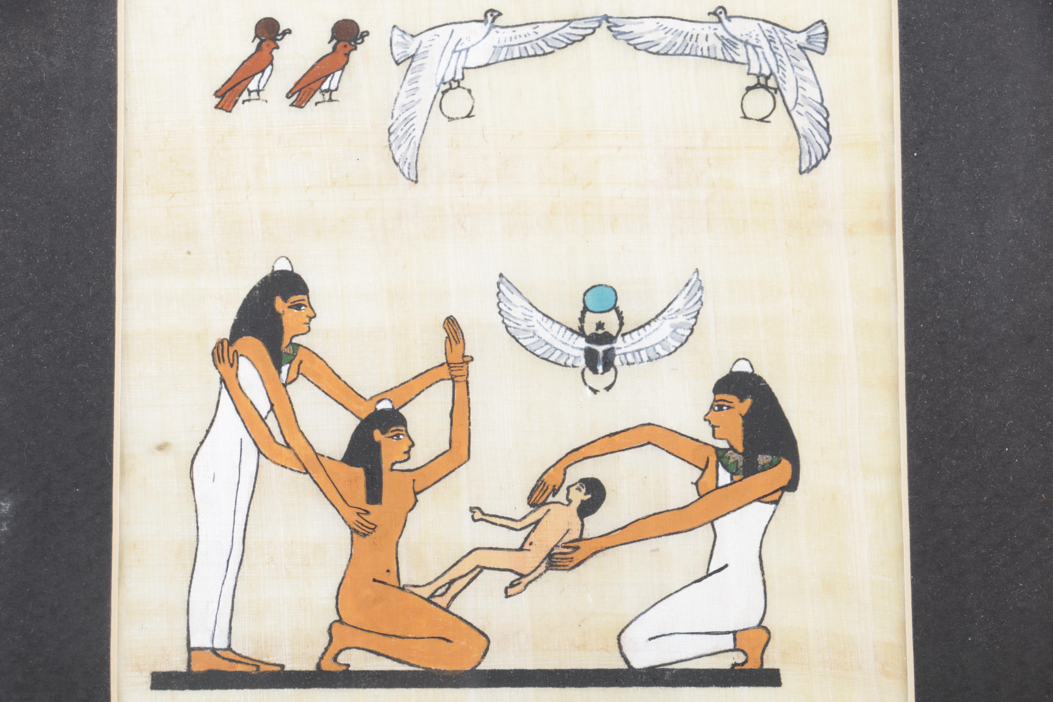 Pair of Gouache Paintings on Papyrus with Ancient Egyptian Motifs