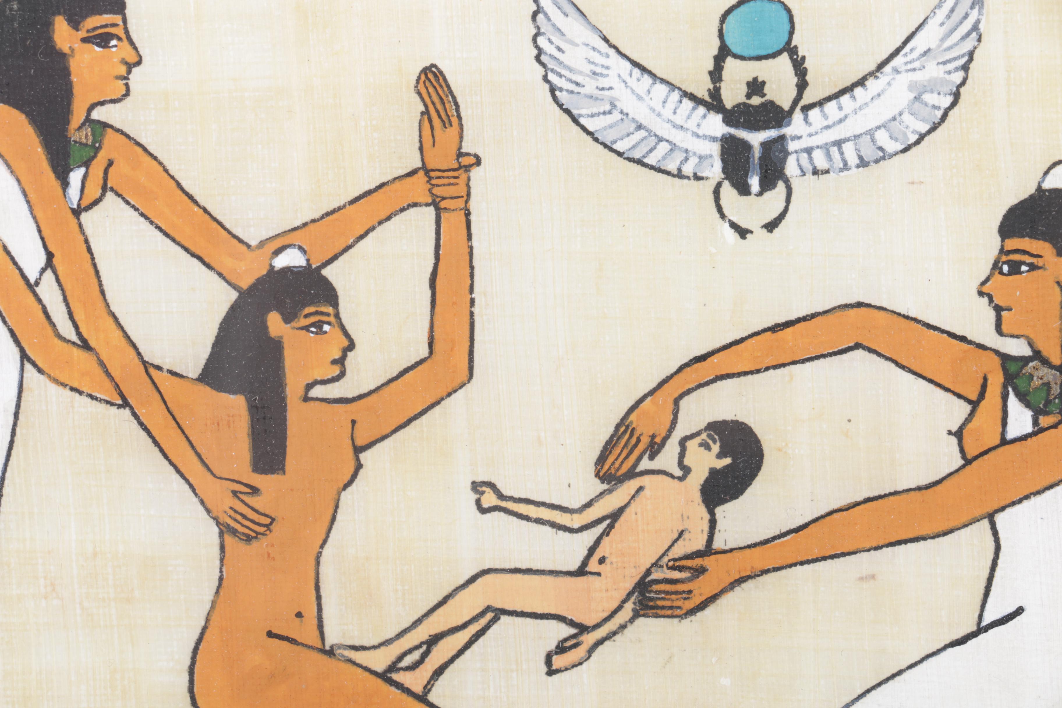 Pair of Gouache Paintings on Papyrus with Ancient Egyptian Motifs