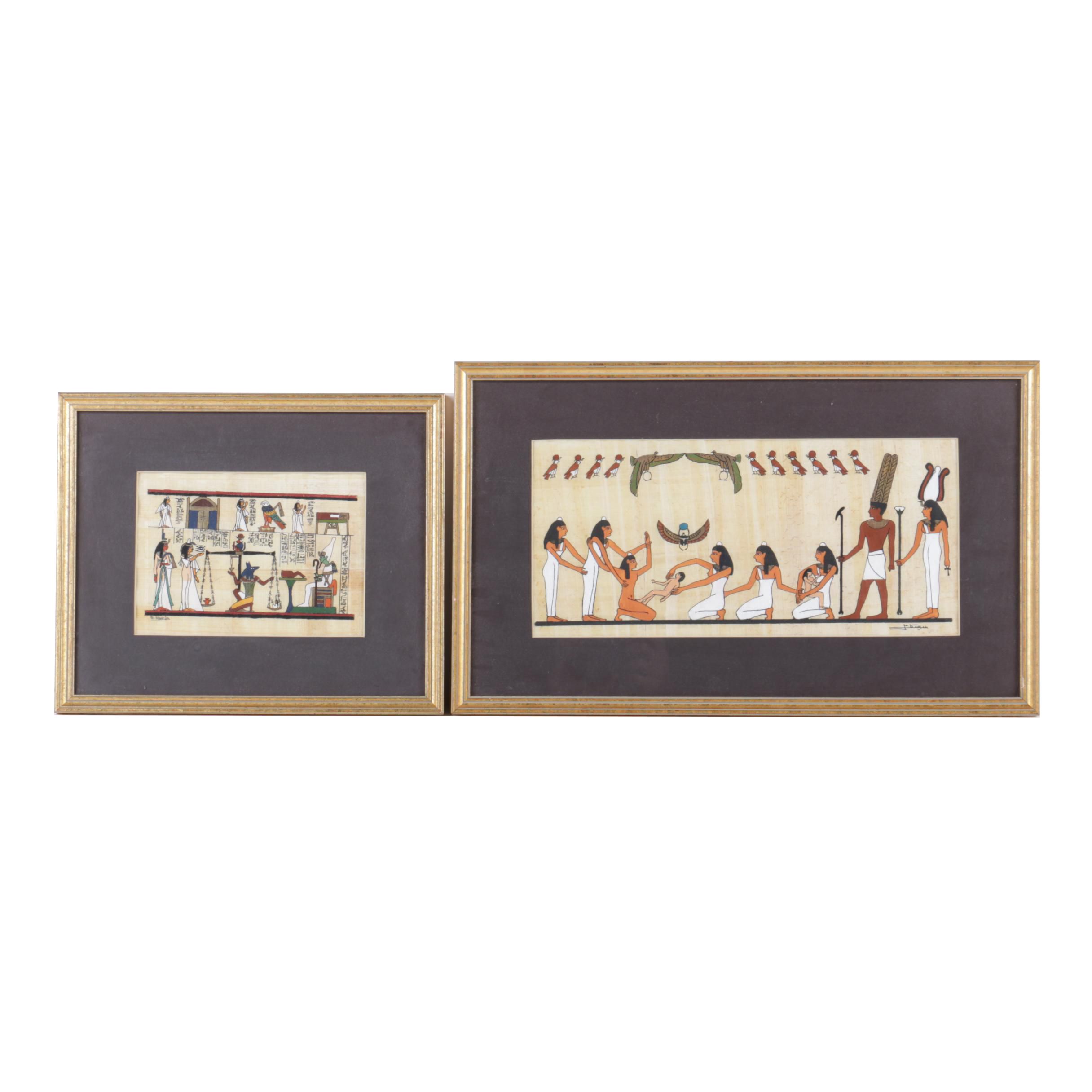 Two Contemporary Gouache Paintings on Papyrus of Ancient Egyptian Motifs
