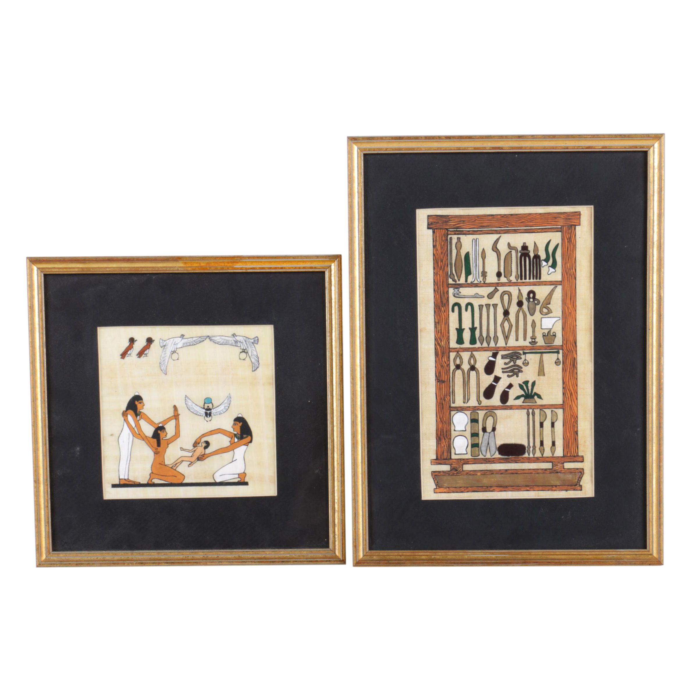 Pair of Gouache Paintings on Papyrus with Ancient Egyptian Motifs