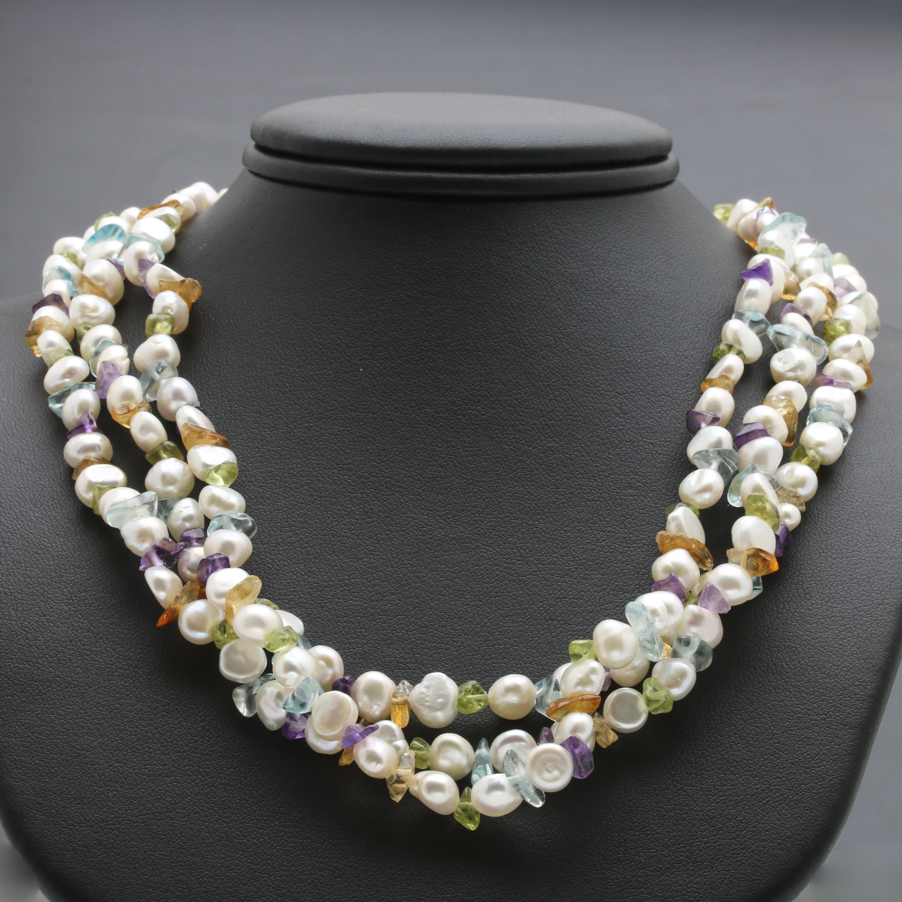 14K Yellow Gold Freshwater Cultured Pearl and Gemstone Necklace