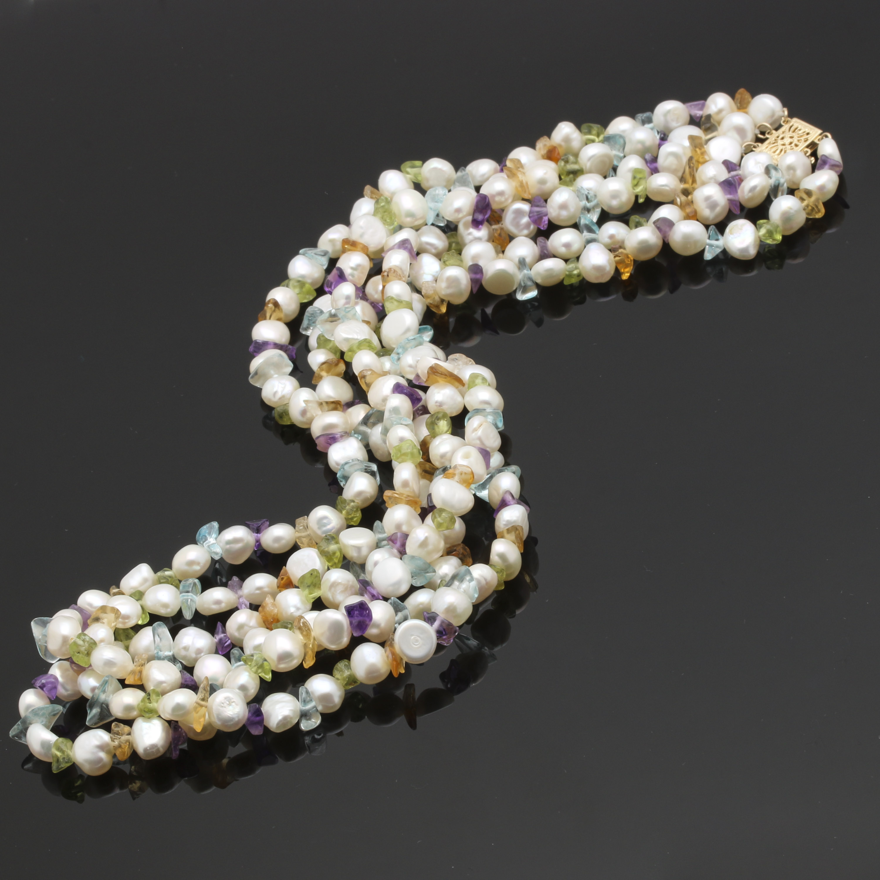 14K Yellow Gold Freshwater Cultured Pearl and Gemstone Necklace