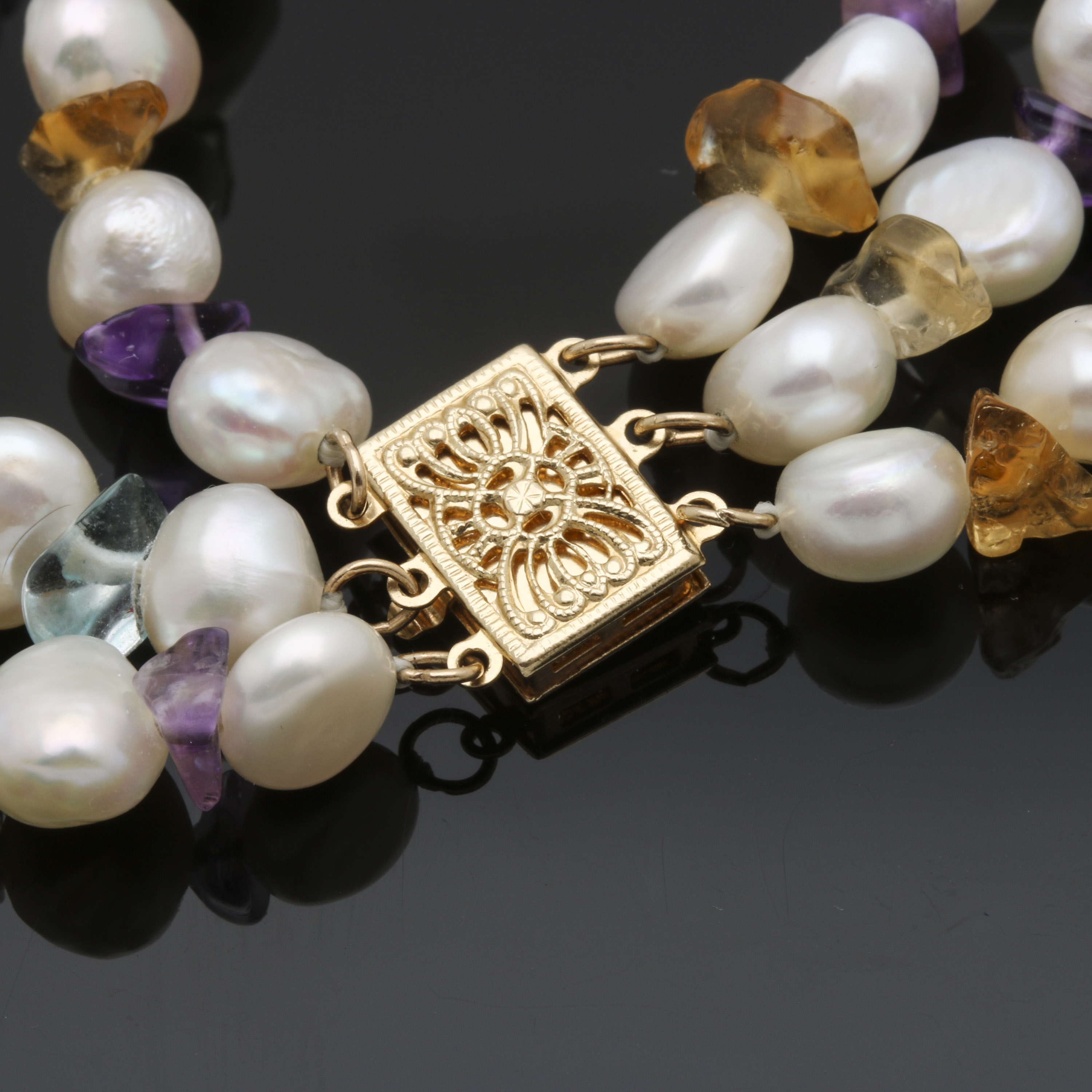 14K Yellow Gold Freshwater Cultured Pearl and Gemstone Necklace