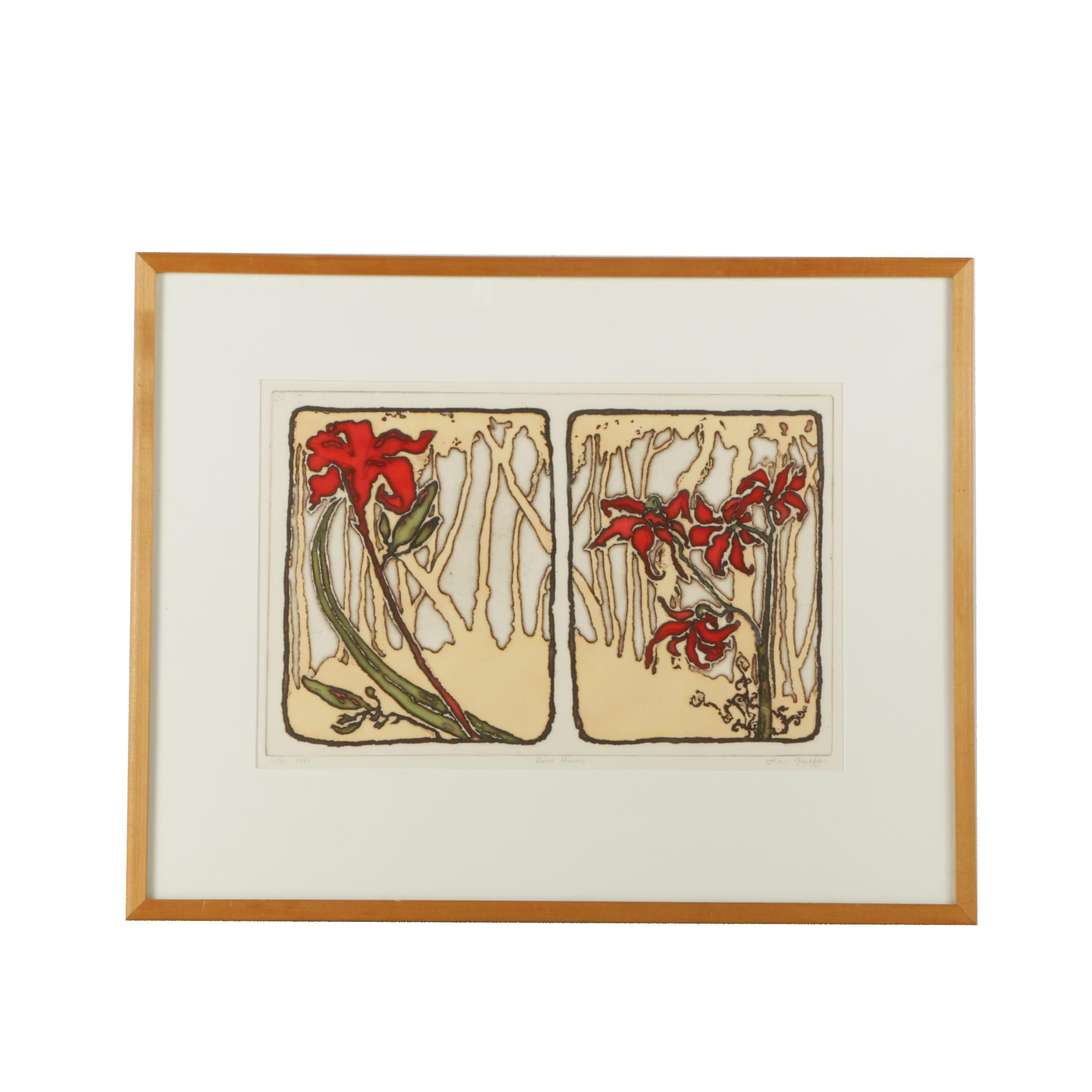 Lou Hoffer 1985 Limited Edition Intaglio Print on Paper "Forest Flowers"