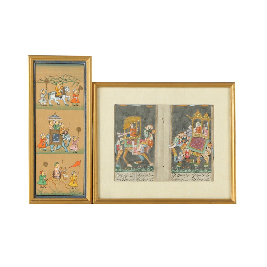 Two Watercolor and Gouache Paintings of Indo-Persian Processional Scenes