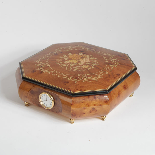 Italian Burl Veneer Inlay Music Box With Clock