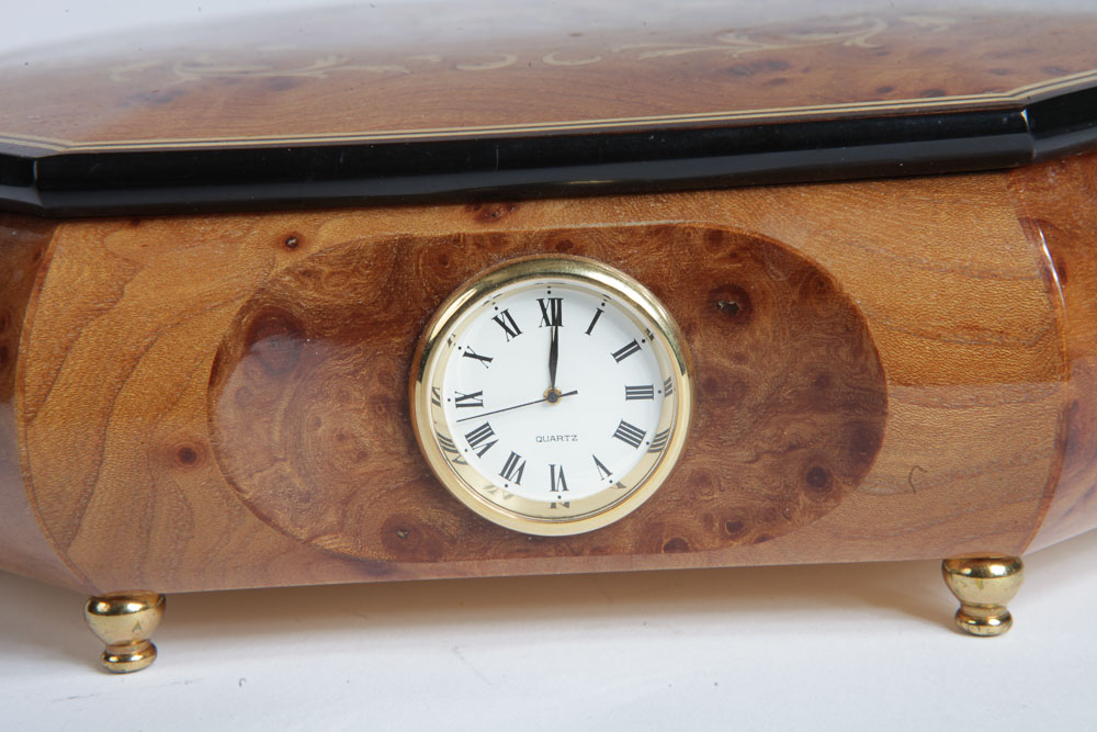 Italian Burl Veneer Inlay Music Box With Clock
