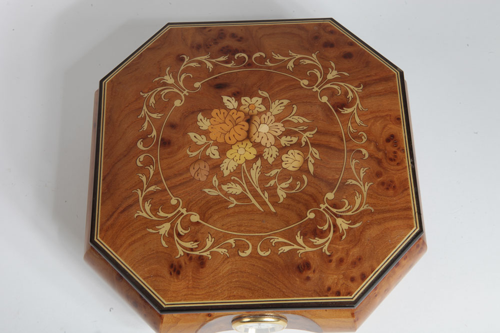 Italian Burl Veneer Inlay Music Box With Clock