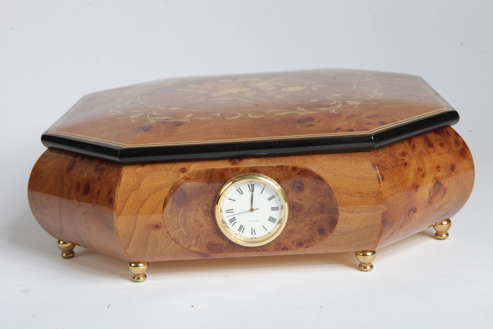 Italian Burl Veneer Inlay Music Box With Clock