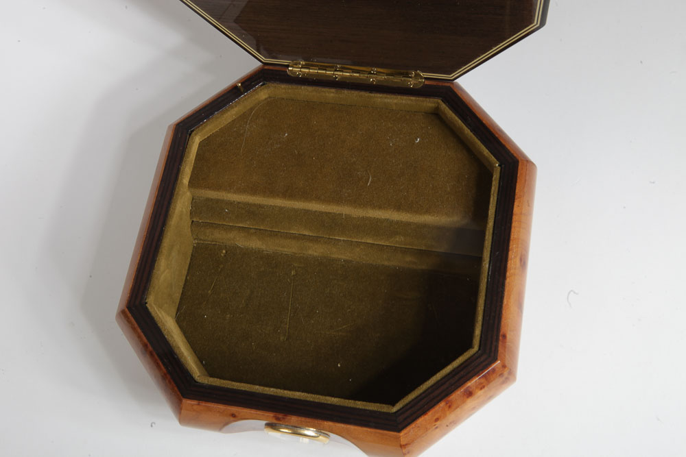 Italian Burl Veneer Inlay Music Box With Clock