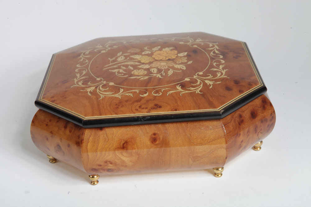 Italian Burl Veneer Inlay Music Box With Clock