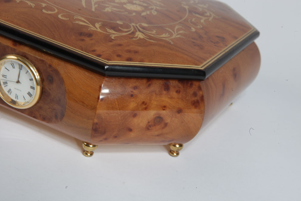 Italian Burl Veneer Inlay Music Box With Clock