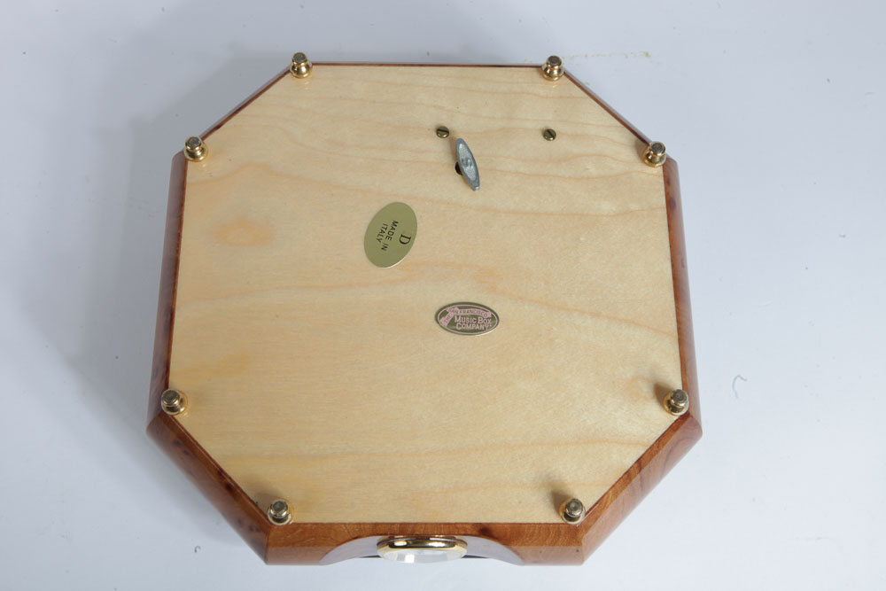 Italian Burl Veneer Inlay Music Box With Clock
