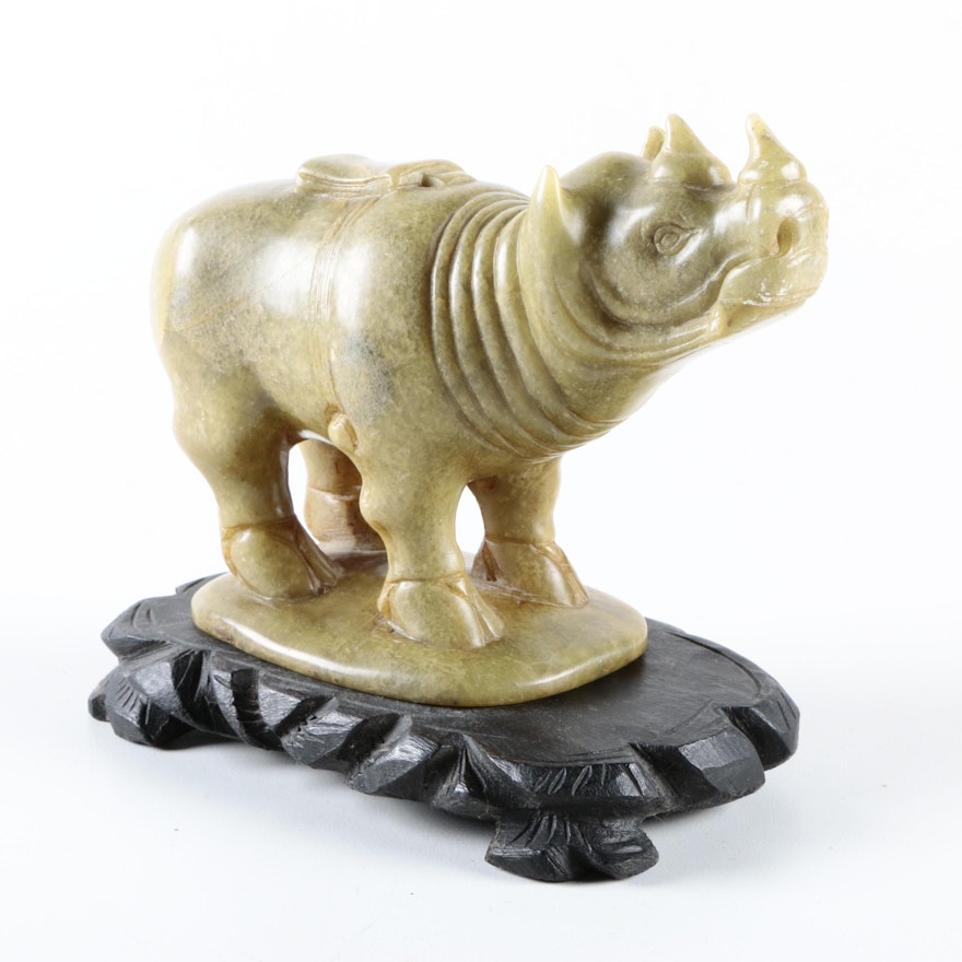 Chinese Carved Serpentine Rhinoceros Figurine With Stand