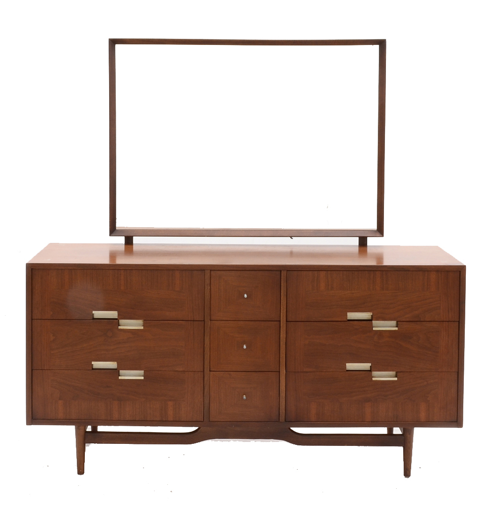 Mid Century Modern Walnut Dresser With Mirror By American of Martinsville