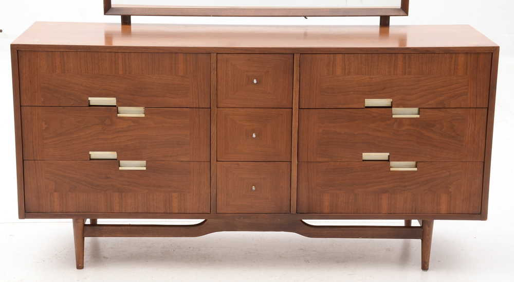 Mid Century Modern Walnut Dresser With Mirror By American of Martinsville