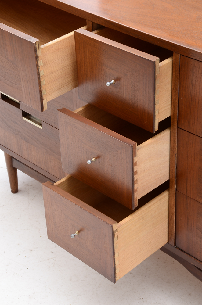 Mid Century Modern Walnut Dresser With Mirror By American of Martinsville
