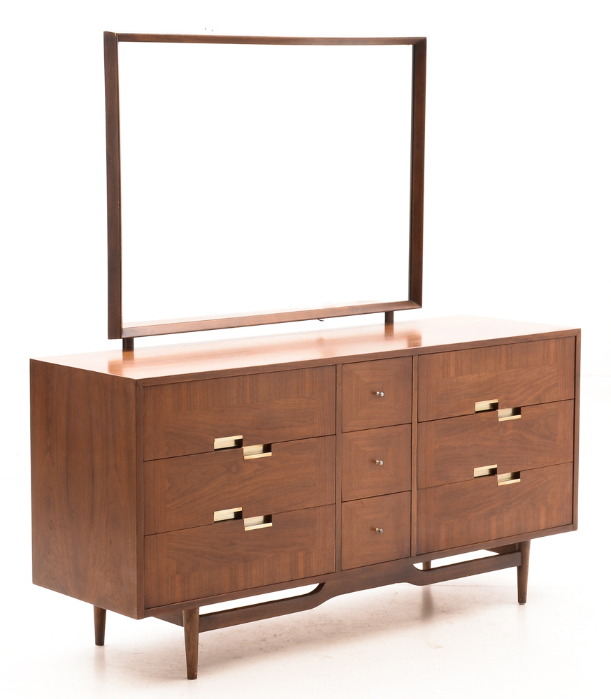 Mid Century Modern Walnut Dresser With Mirror By American of Martinsville