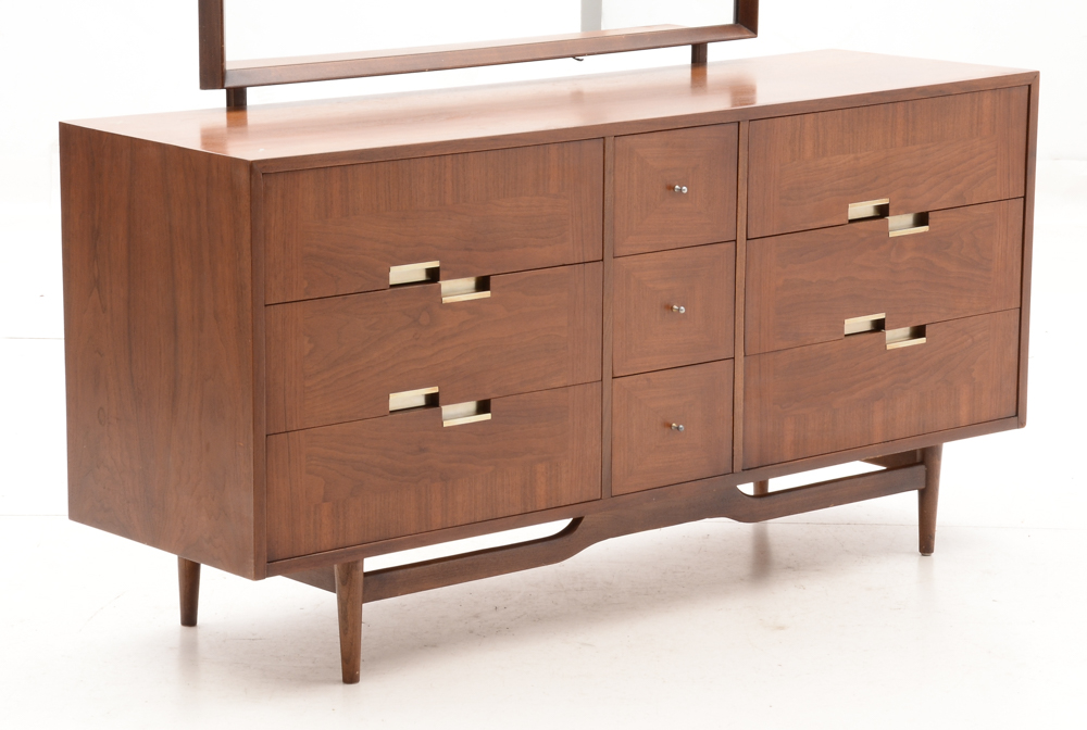 Mid Century Modern Walnut Dresser With Mirror By American of Martinsville