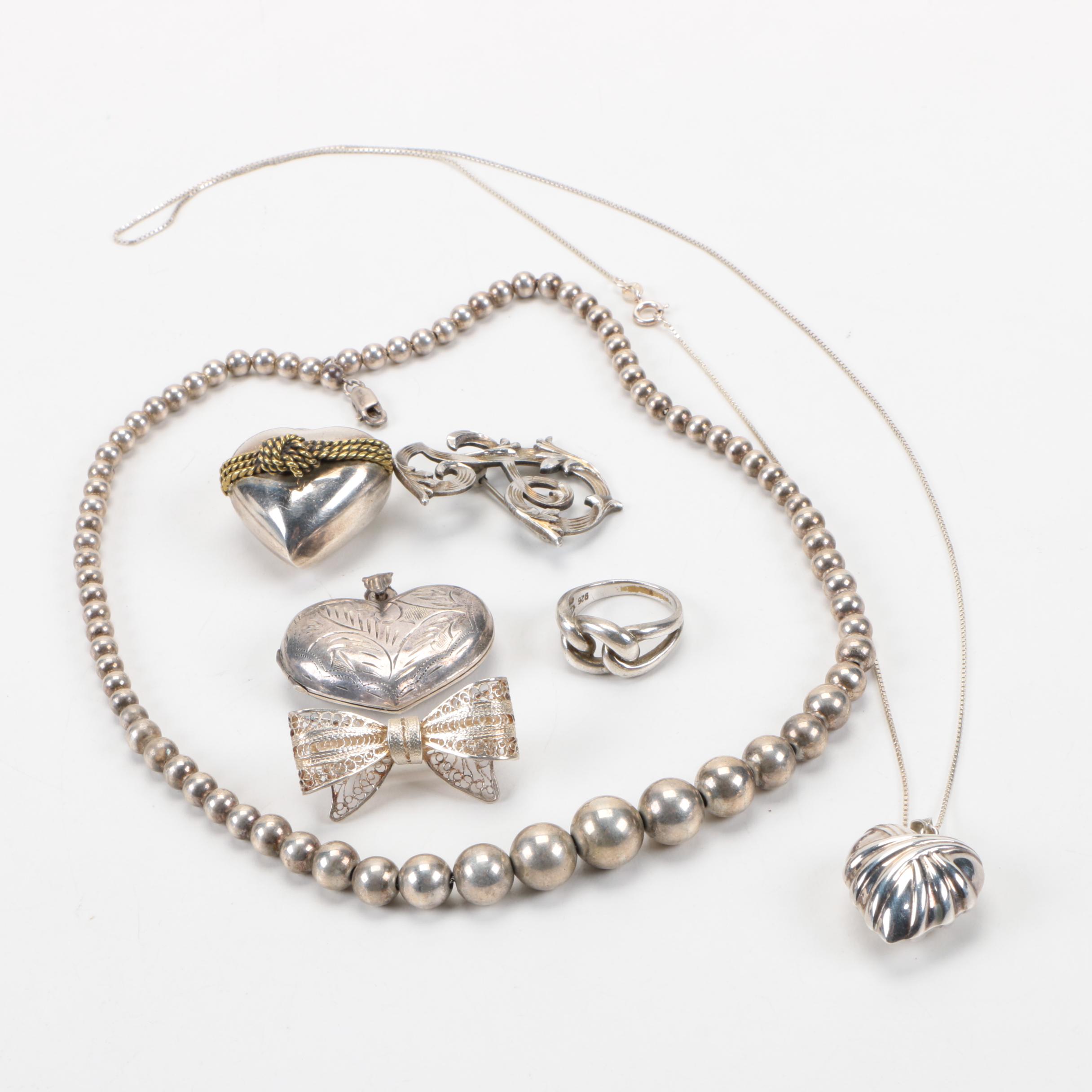 Grouping of Sterling Silver Jewelry Including a Beaded Sphere Necklace