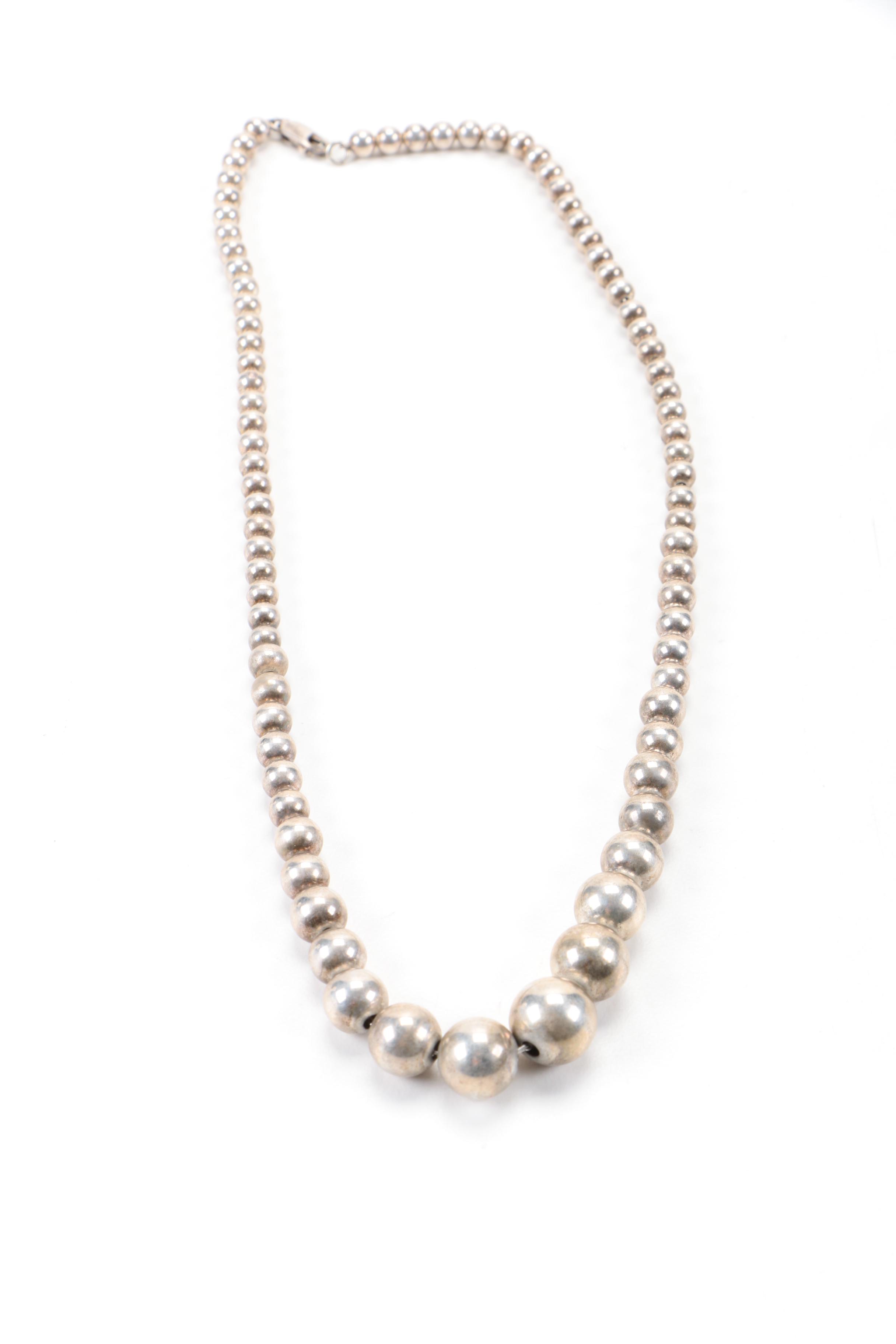 Grouping of Sterling Silver Jewelry Including a Beaded Sphere Necklace
