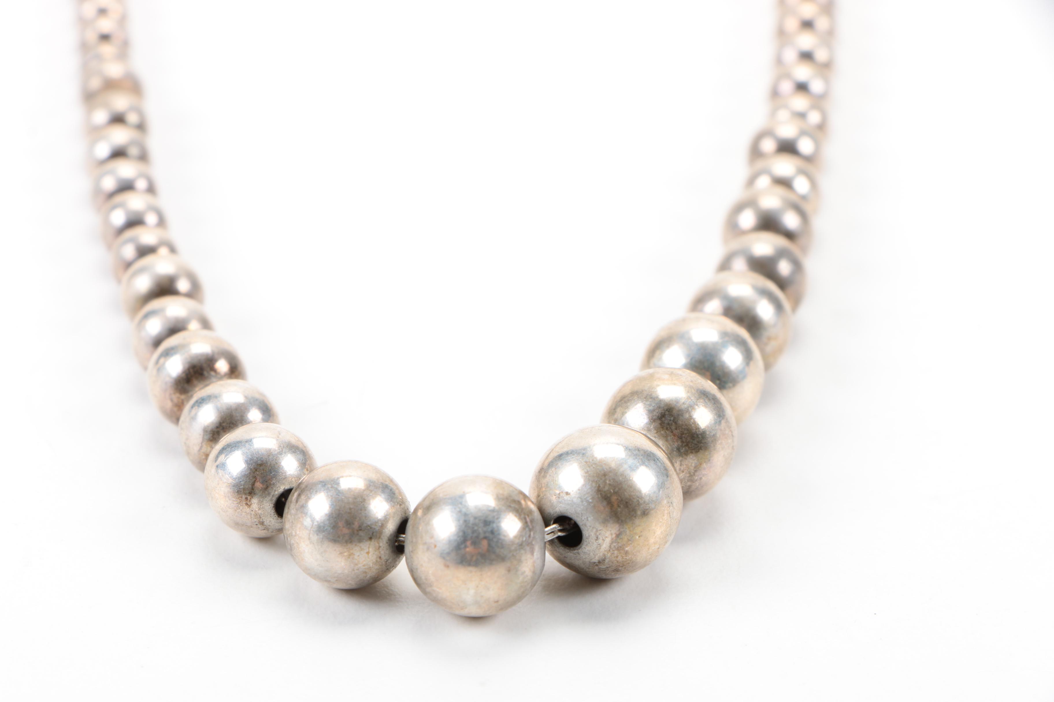 Grouping of Sterling Silver Jewelry Including a Beaded Sphere Necklace