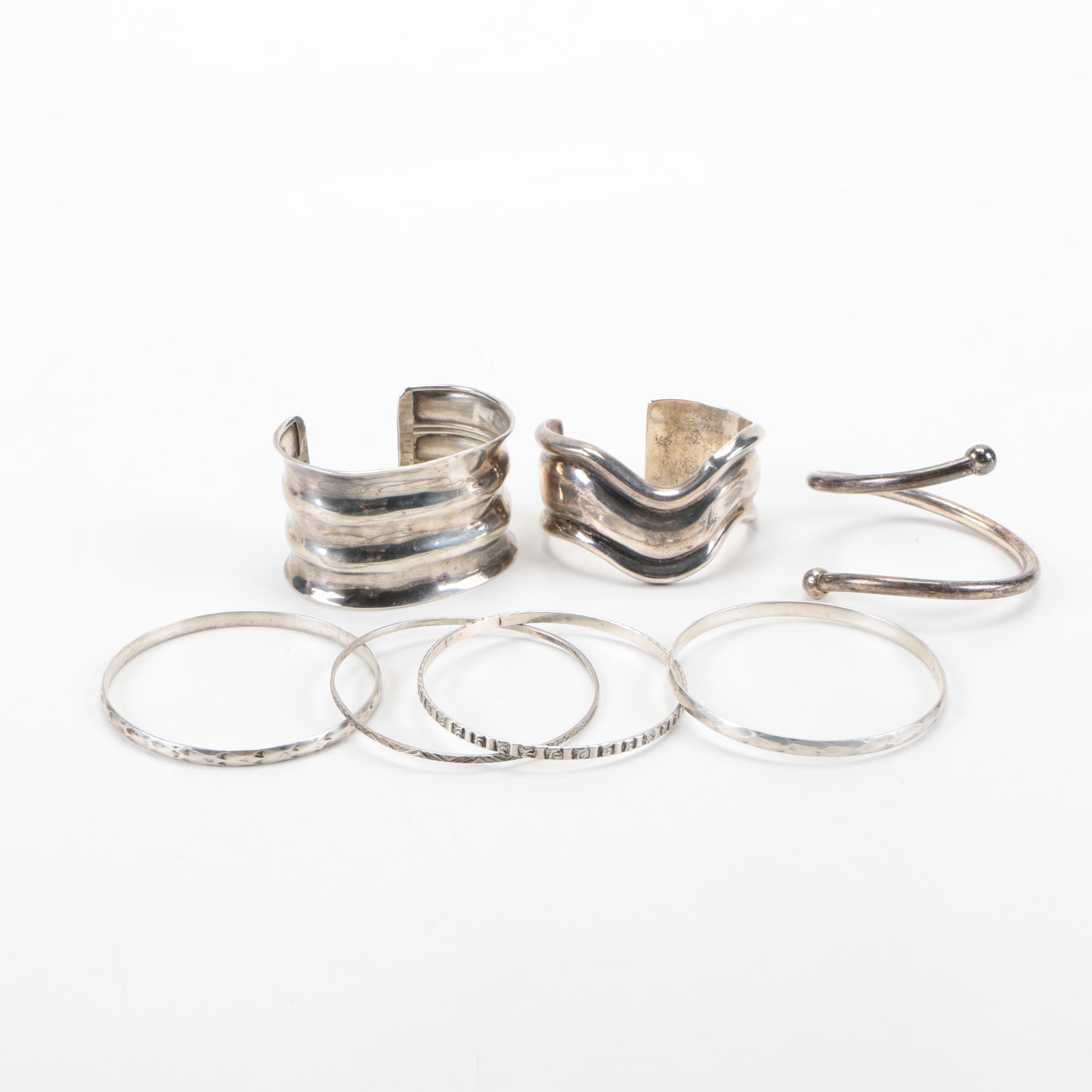 Assorted Sterling Silver Bracelets Including Mexican Cuffs
