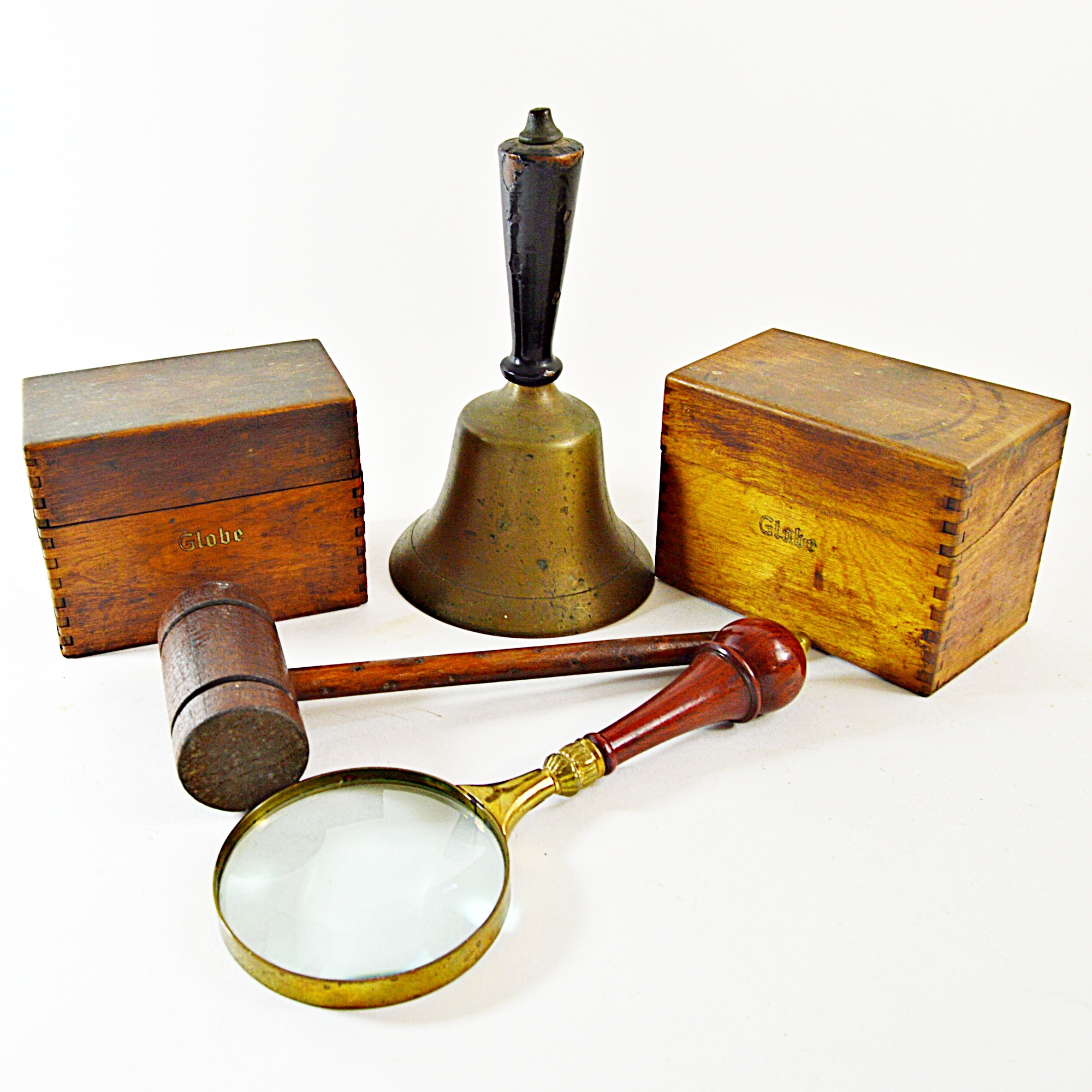 Vintage Globe File Boxes, Brass School Bell, Gavel, Brass/Wood Magnifying Glass