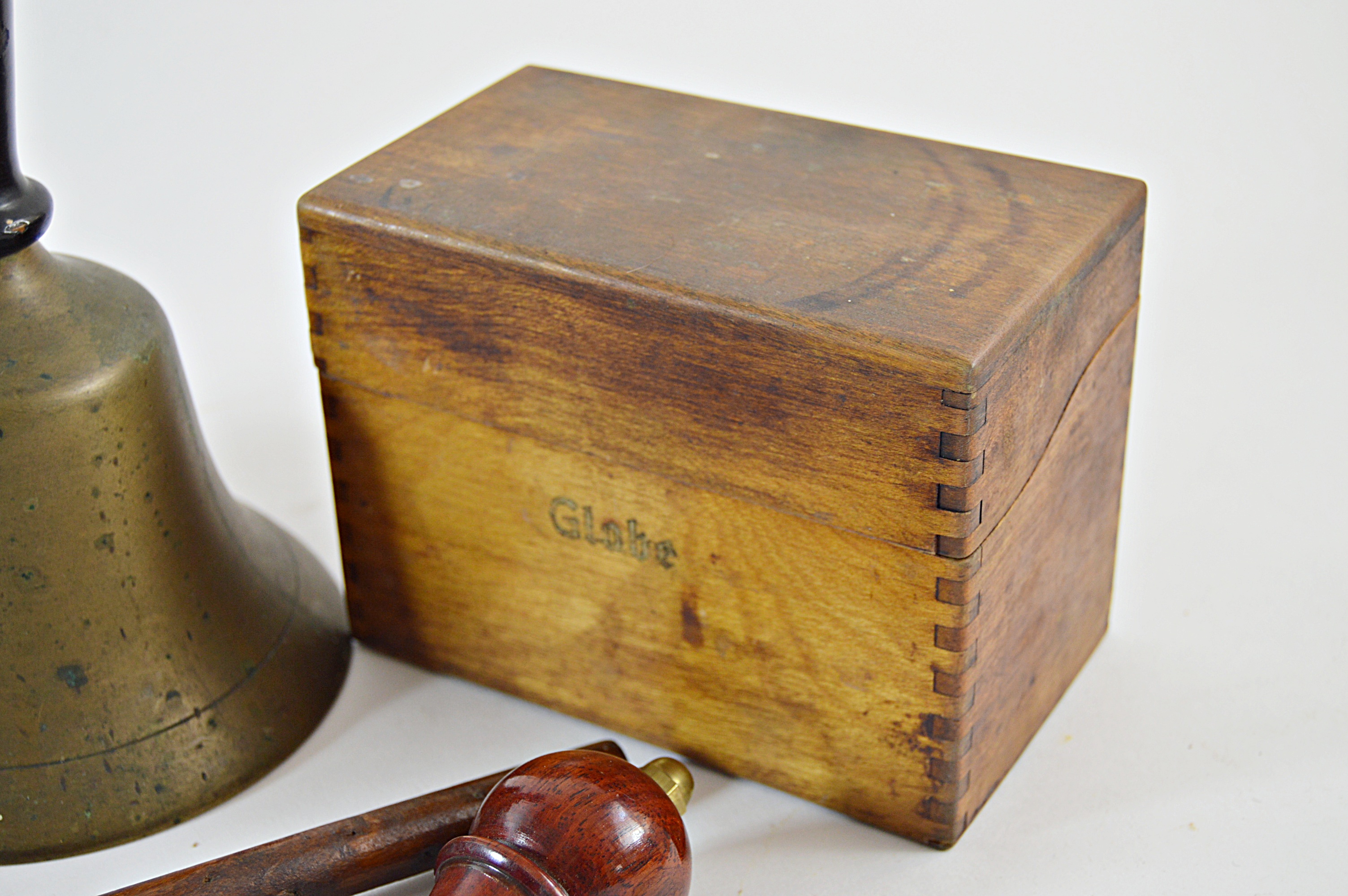 Vintage Globe File Boxes, Brass School Bell, Gavel, Brass/Wood Magnifying Glass