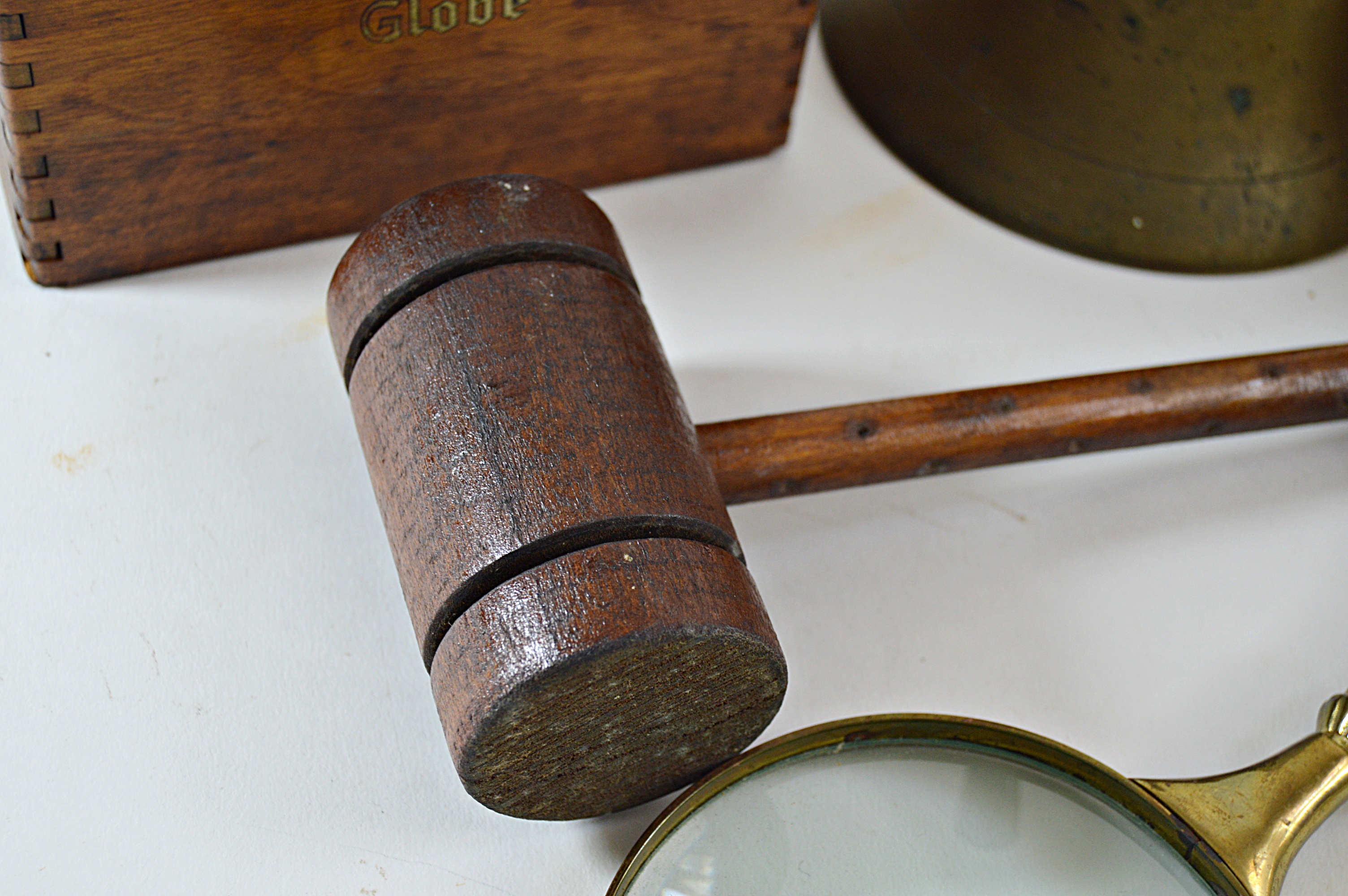 Vintage Globe File Boxes, Brass School Bell, Gavel, Brass/Wood Magnifying Glass