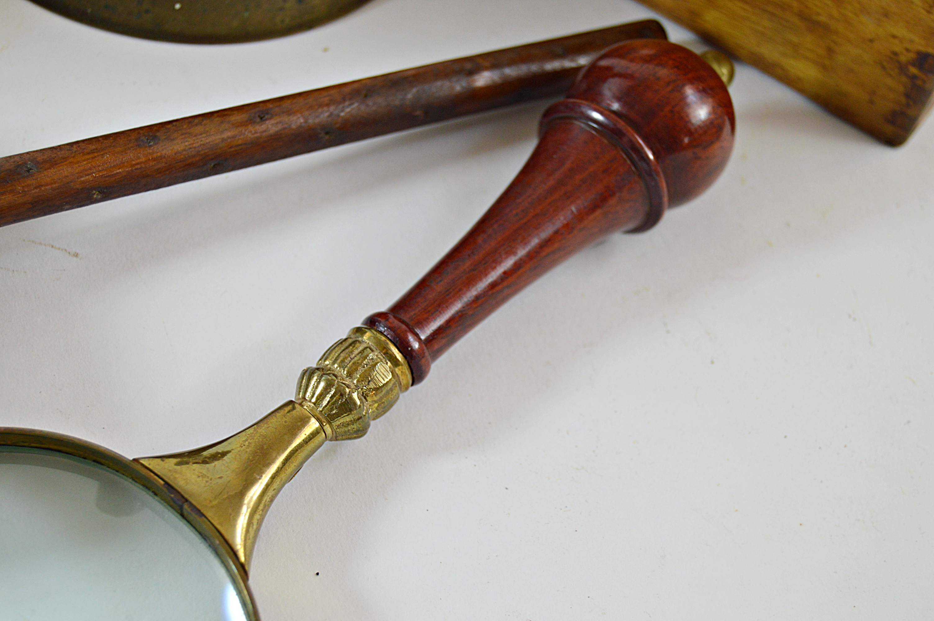 Vintage Globe File Boxes, Brass School Bell, Gavel, Brass/Wood Magnifying Glass