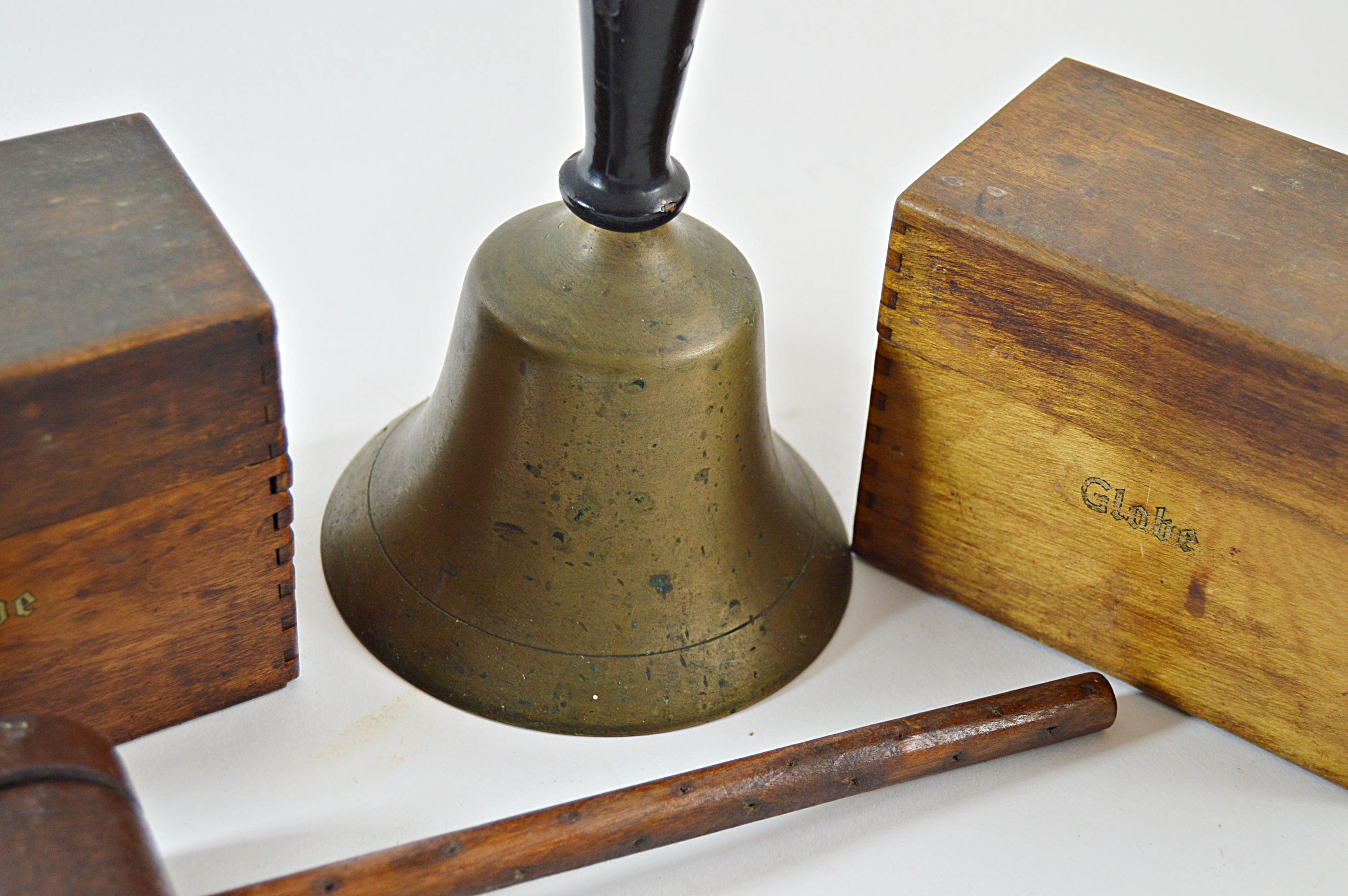 Vintage Globe File Boxes, Brass School Bell, Gavel, Brass/Wood Magnifying Glass