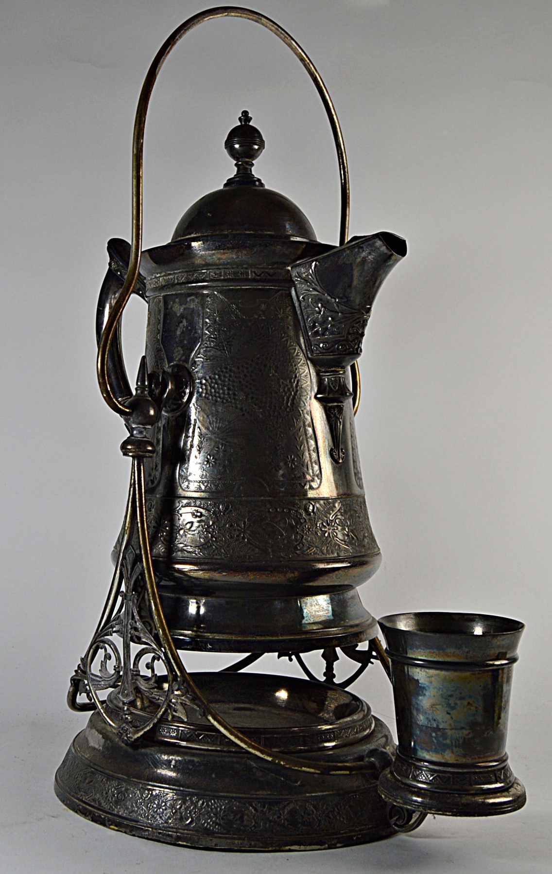 Victorian Tilting Silver Plate Water Pitcher with Cup