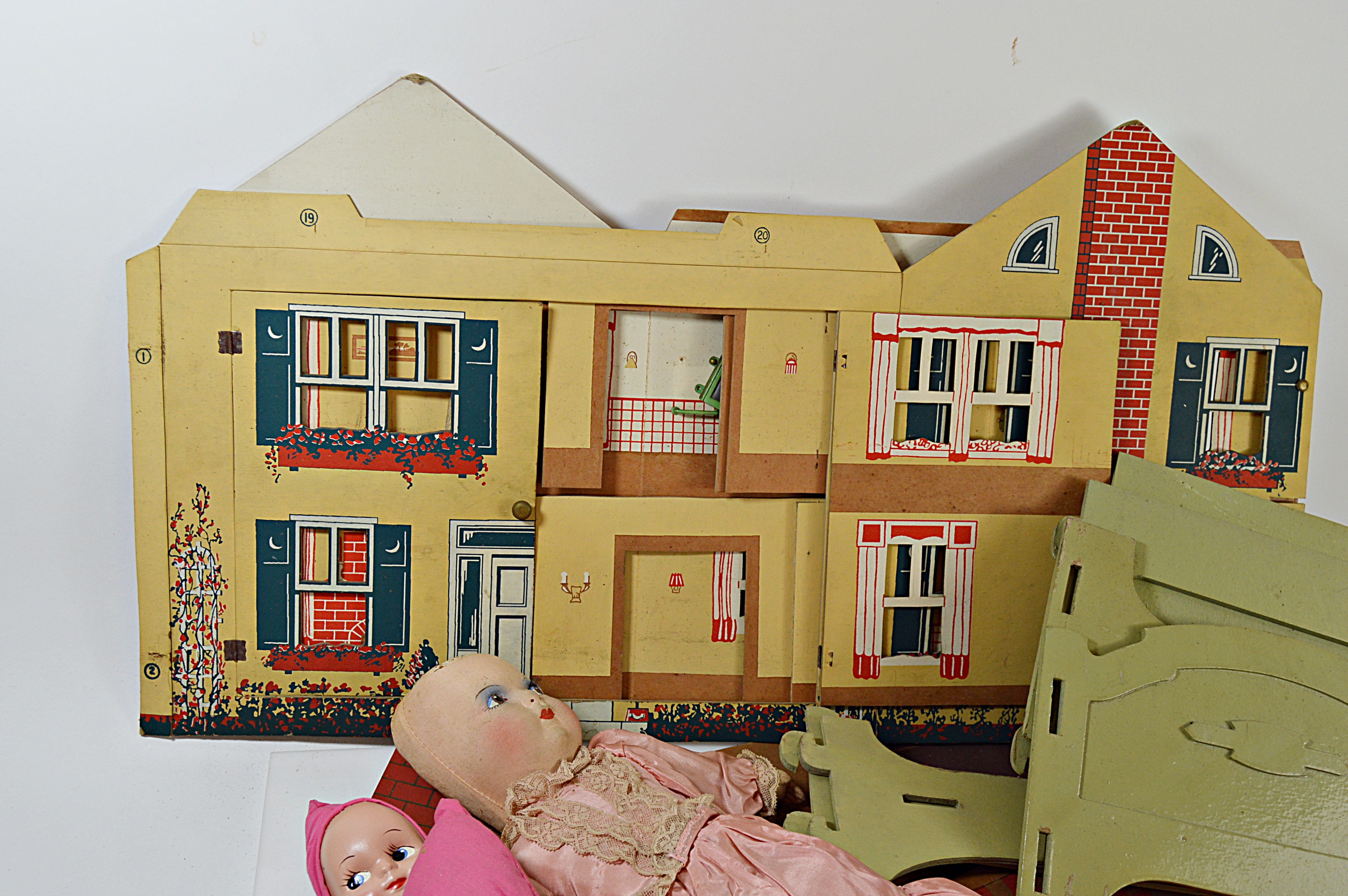 Vintage 1927 Tootsie Toys Dollhouse, Dolls, Doll Bed