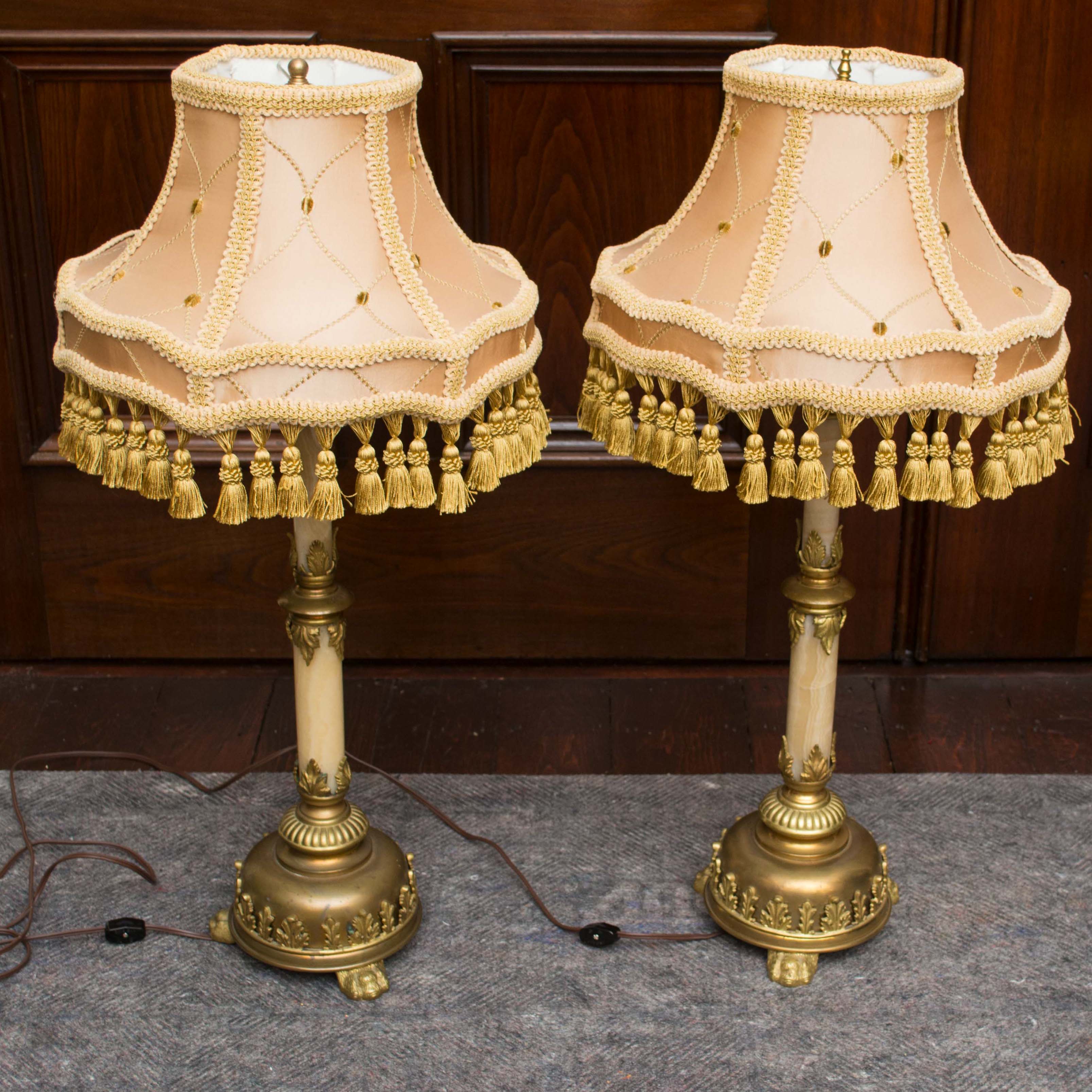 Antique Victorian Table Lamps with Pink Satin Shade and Brass Lion Feet