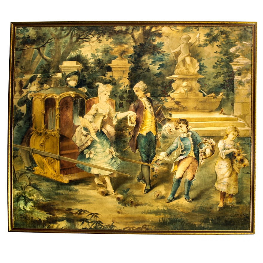 Antique European Genre Scene Tapestry in Gold Leaf Frame