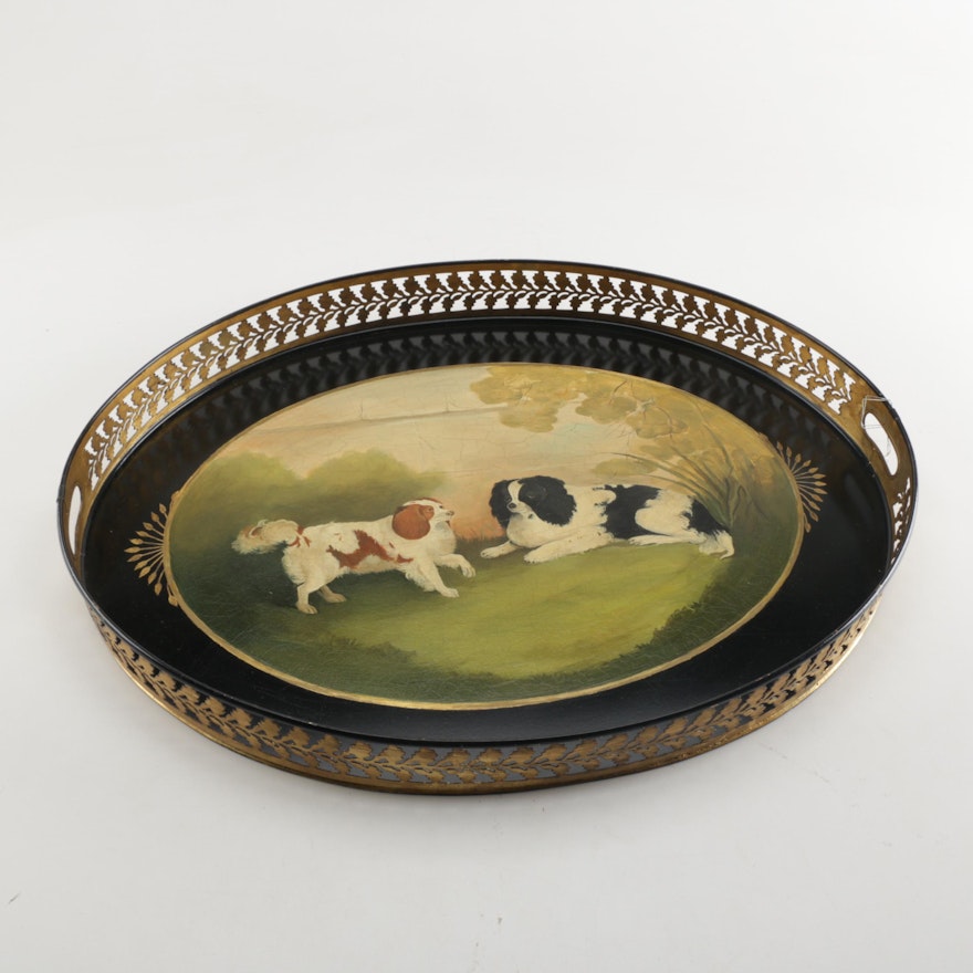 Vintage Hand-Painted Cavalier King Charles Spaniel Oval Serving Tray