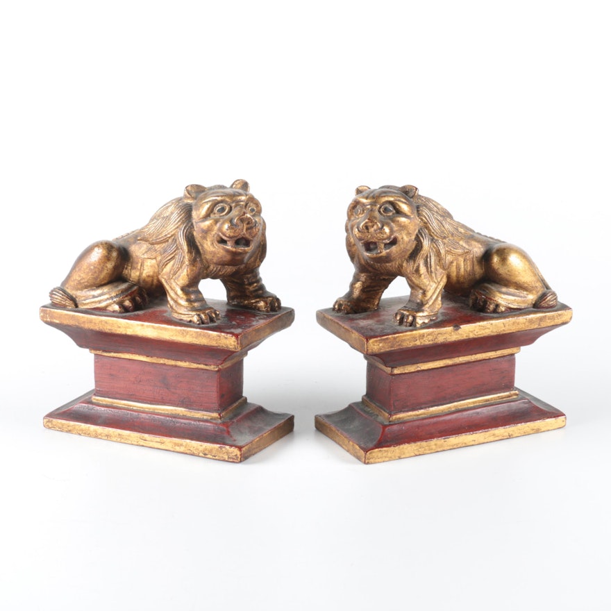 Early 20th-Century Chinese Carved Wooden Lion Bookends