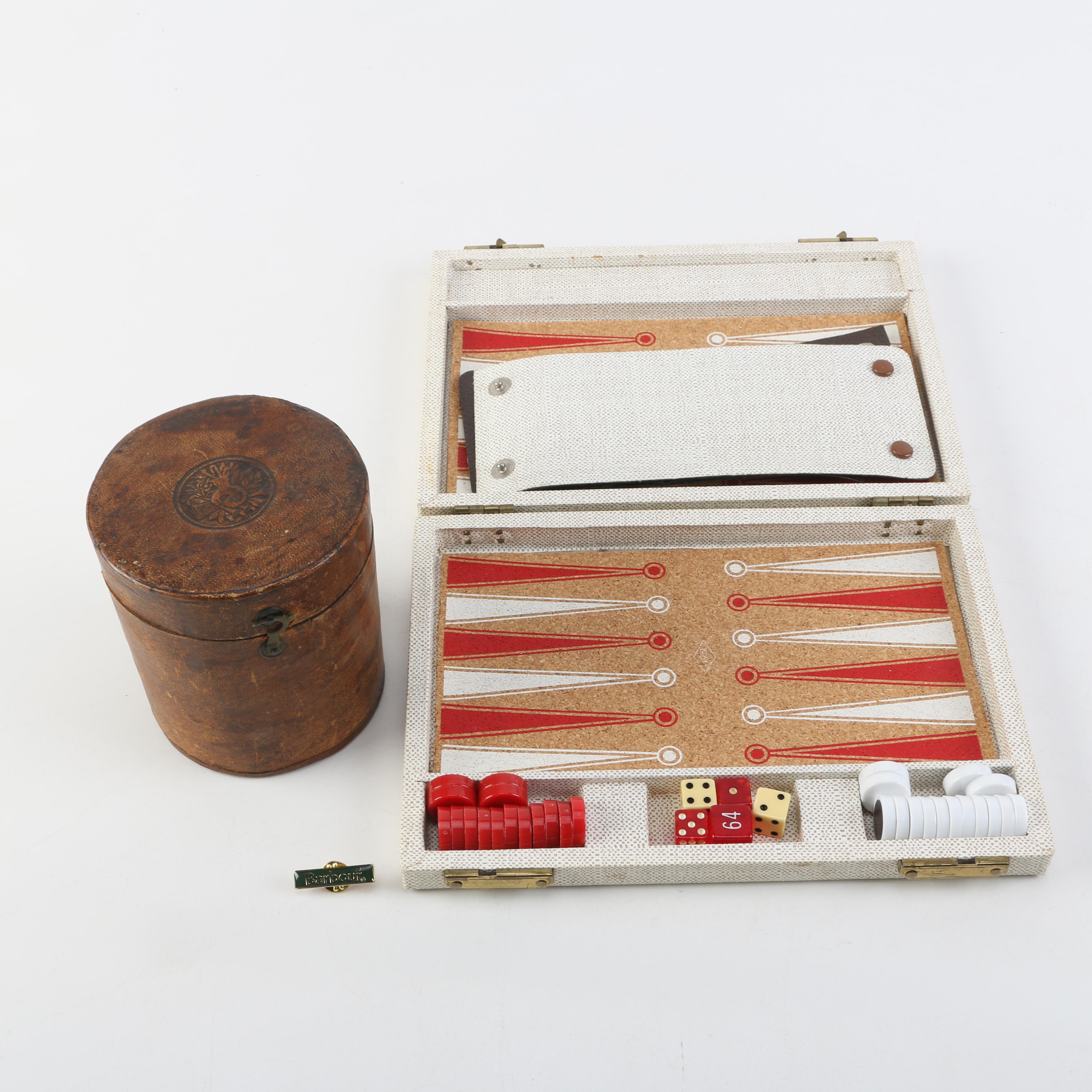 Barbour Pin, Backgammon Game Board and Crystal Drinking Glass