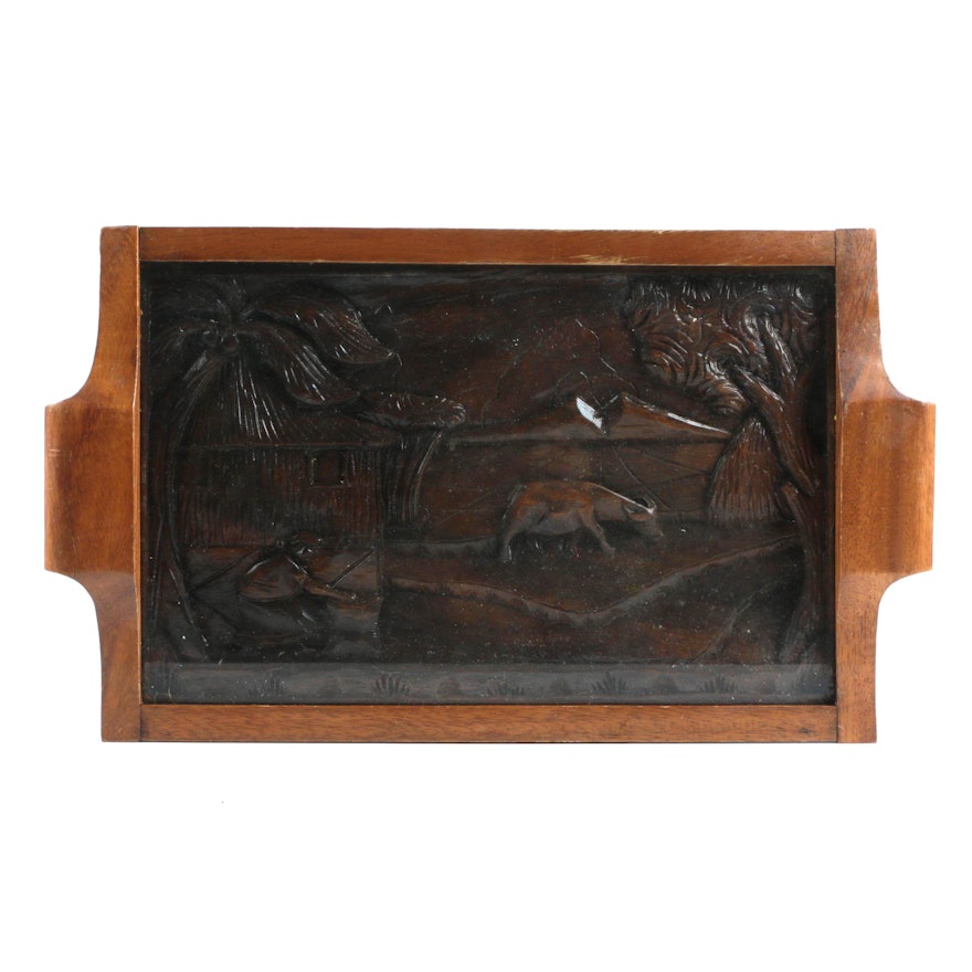 Asian Inspired Handled Wooden Tray with Carved Scene