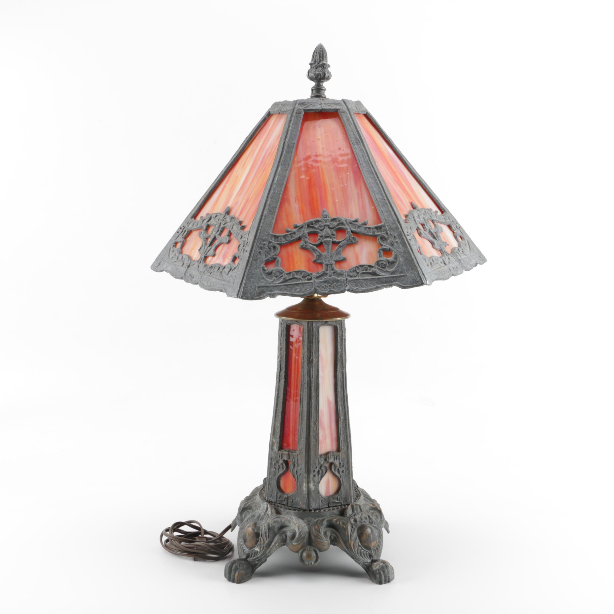 Antique PEH Cast Spelter and Slag Glass Table Lamp