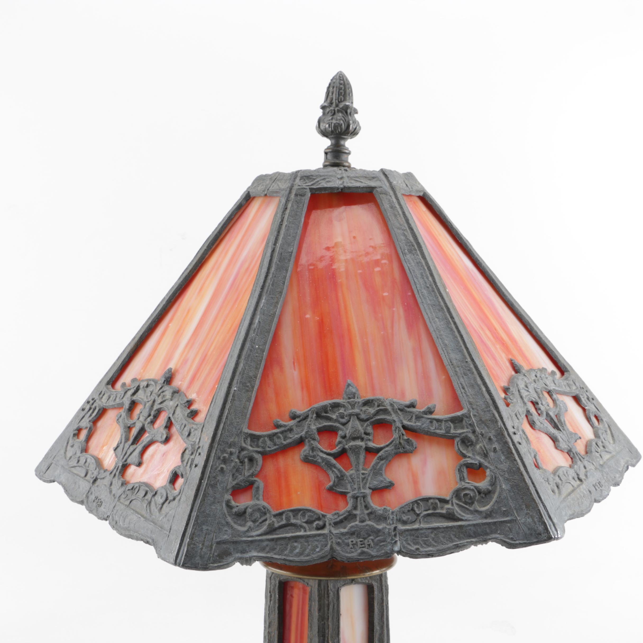 Antique PEH Cast Spelter and Slag Glass Table Lamp