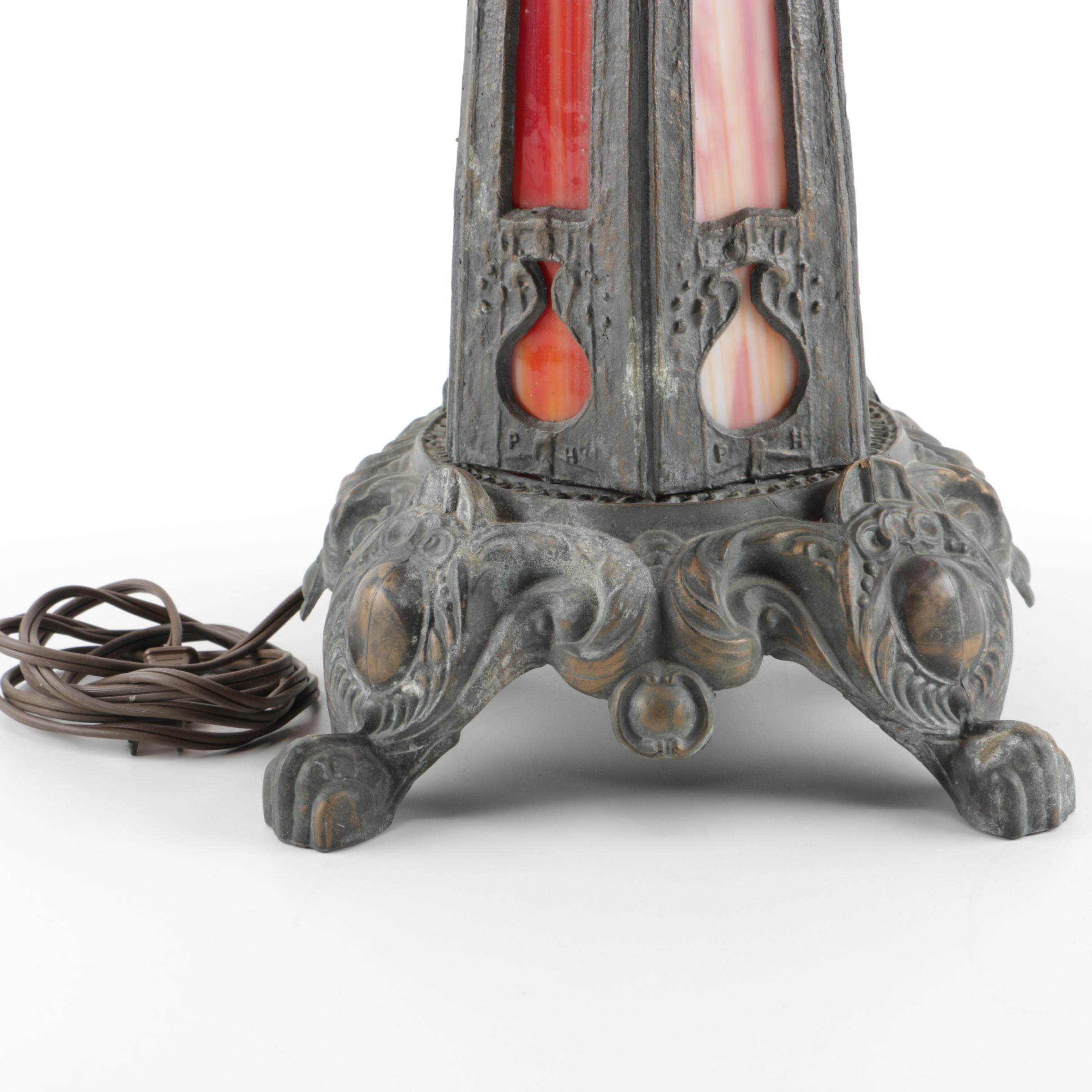 Antique PEH Cast Spelter and Slag Glass Table Lamp